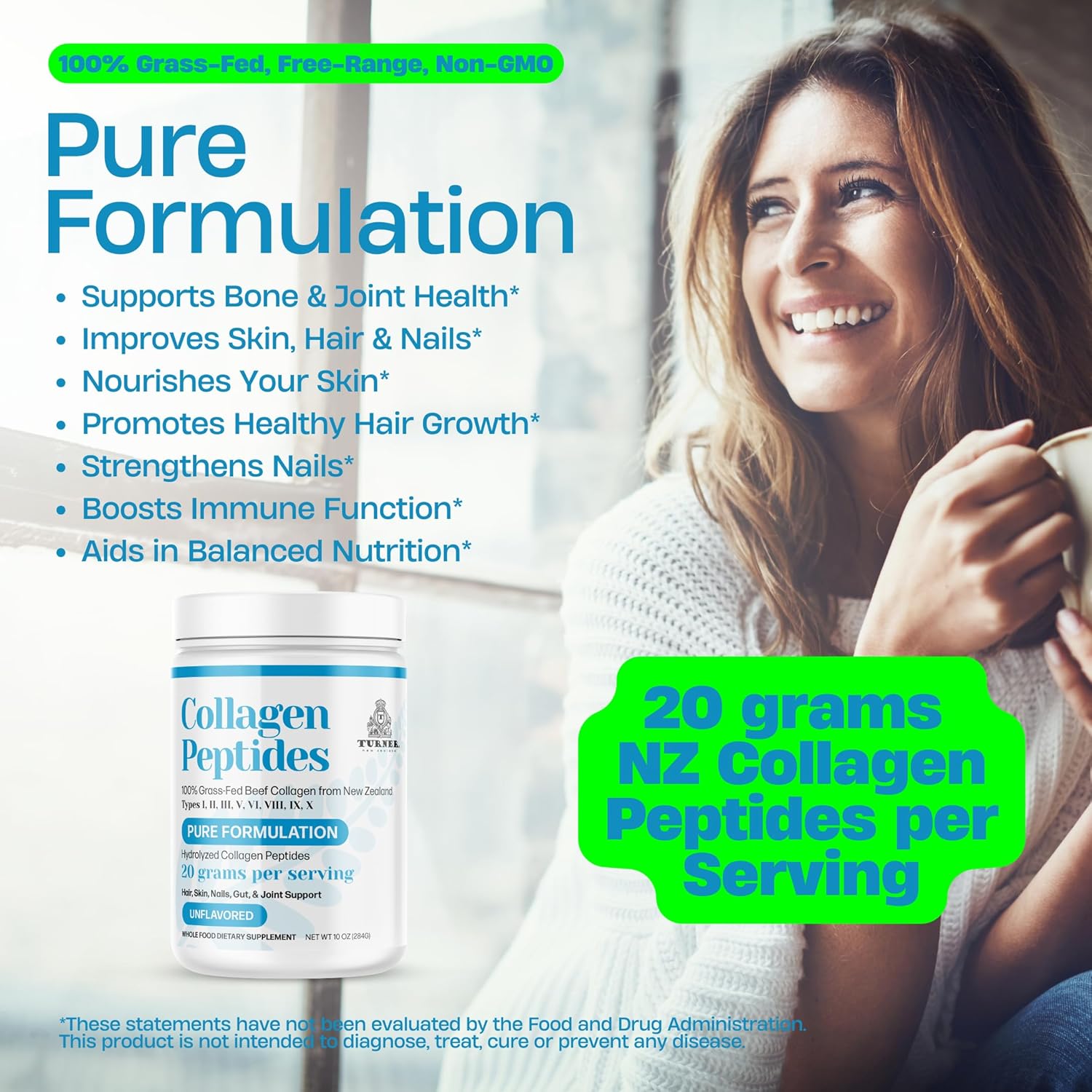 New Zealand Grass-Fed Beef Bone Collagen Peptides Powder - Pure Formula, Unflavored (10 oz)