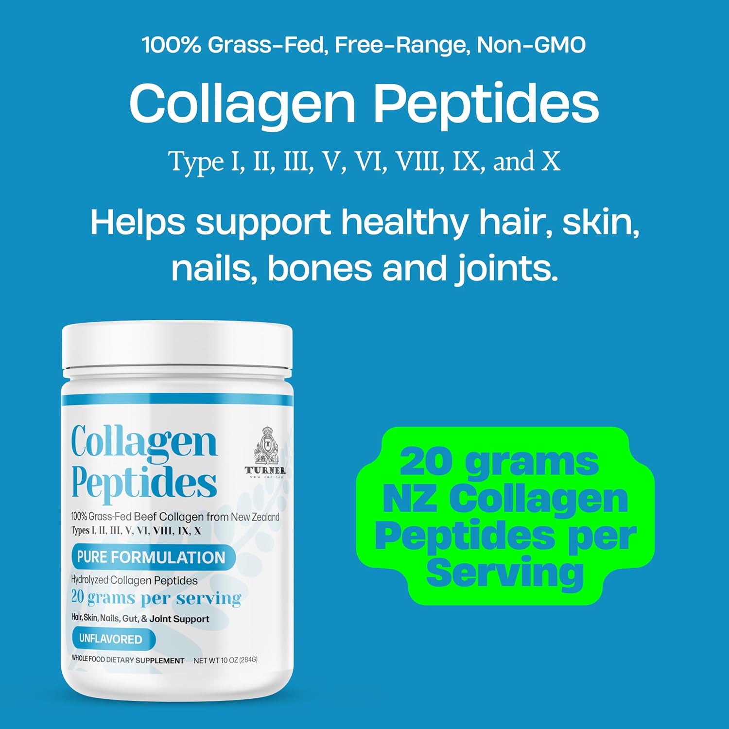 New Zealand Grass-Fed Beef Bone Collagen Peptides Powder - Pure Formula, Unflavored (10 oz)