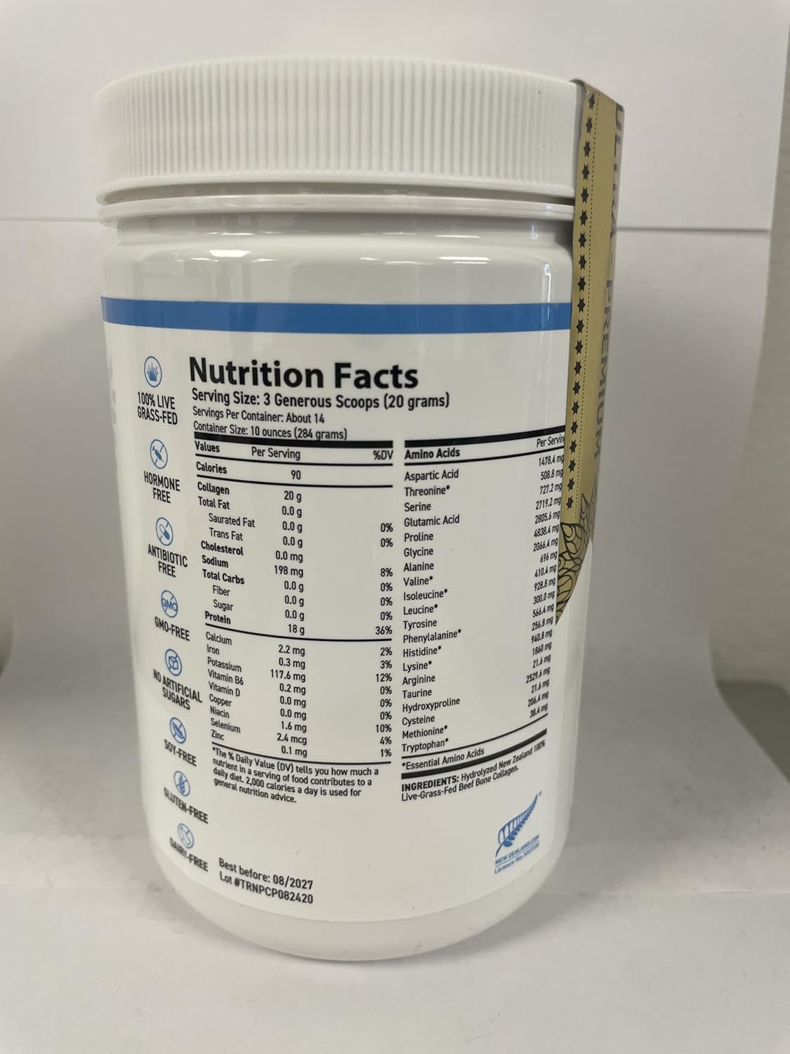 New Zealand Grass-Fed Beef Bone Collagen Peptides Powder - Pure Formula, Unflavored (10 oz)