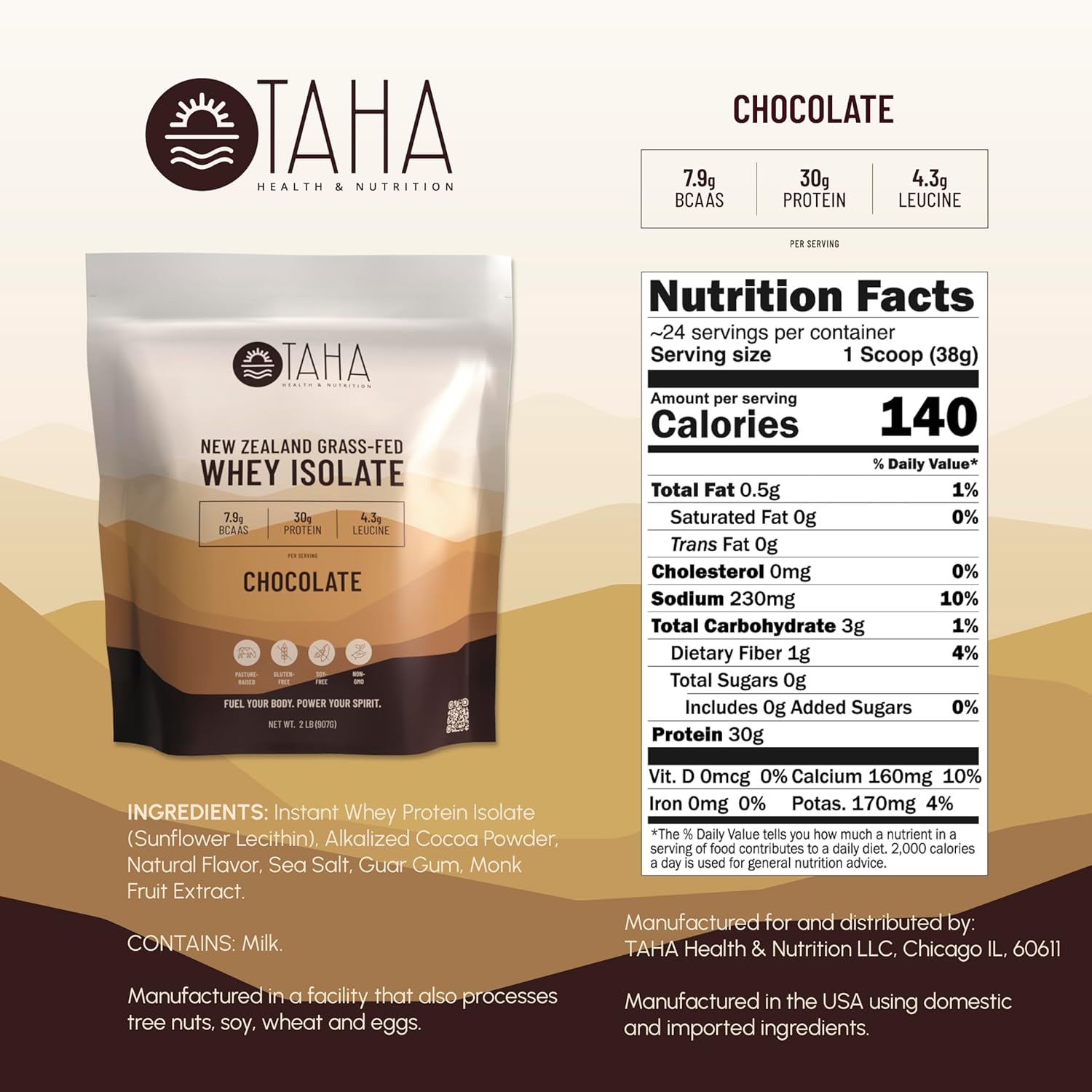 New Zealand Grass-Fed Chocolate Whey Protein Isolate Powder with 30g Protein, 7.9g BCAAs, and 4.3g Leucine | Gluten-Free, Keto, Kosher | 2LB, ~24 Servings