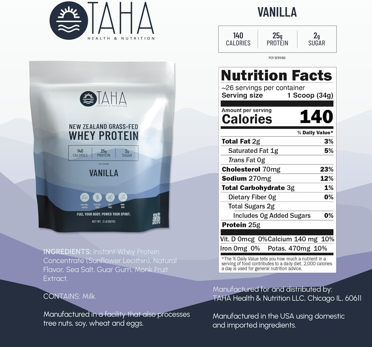 New Zealand Grass-Fed Vanilla Whey Protein Powder, 25g Protein, 140 Calories, 2g Sugar | Gluten & Soy Free, Keto, Kosher | 2LB
