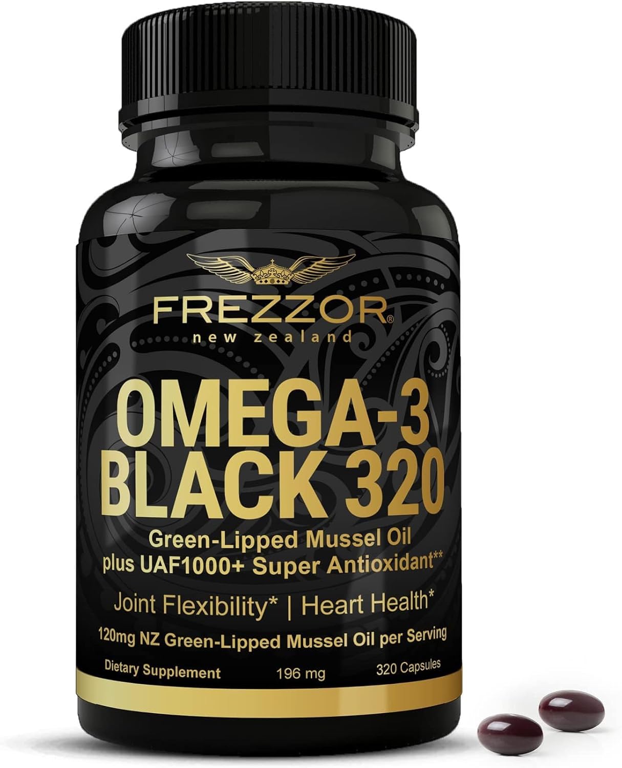 New Zealand Made FREZZOR Omega 3 Black Capsules - UAF1000+ Joint Care & Heart Support, 320 Count - No Fishy Aftertaste