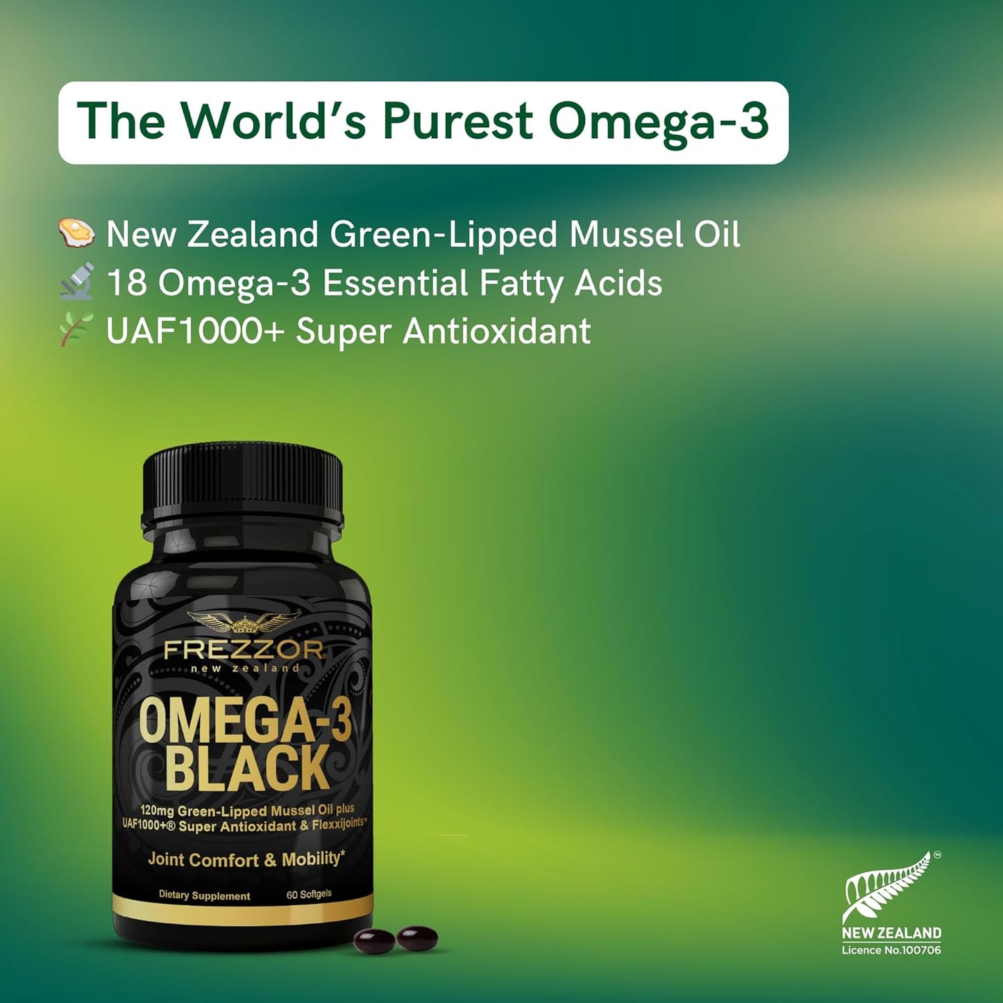 New Zealand Made FREZZOR Omega 3 Black Softgels with UAF1000+ for Joint, Heart, and Immune Support - 60 Softgels, 450mg