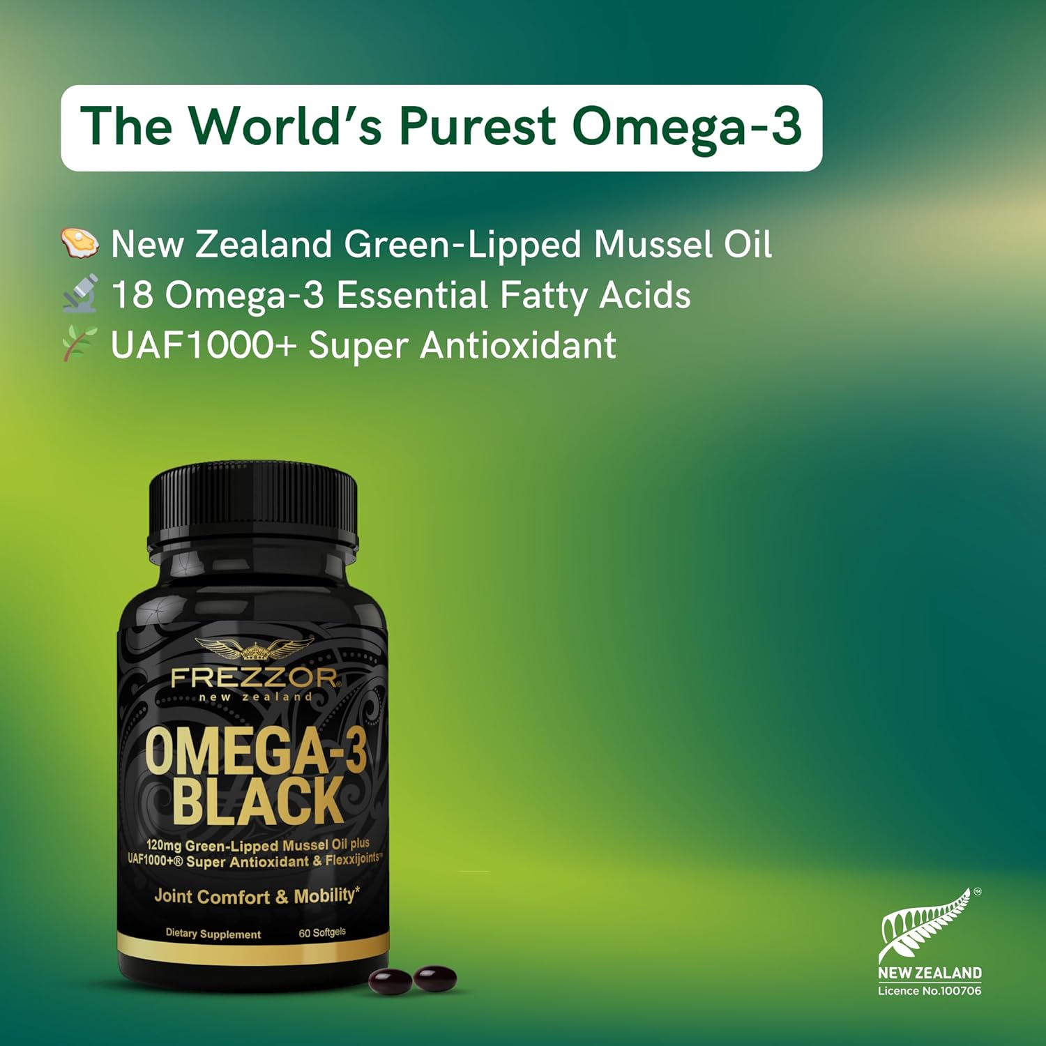 New Zealand Made FREZZOR Omega 3 Black Softgels with UAF1000+ for Joint, Heart, and Immune Support - 60 Softgels, 450mg