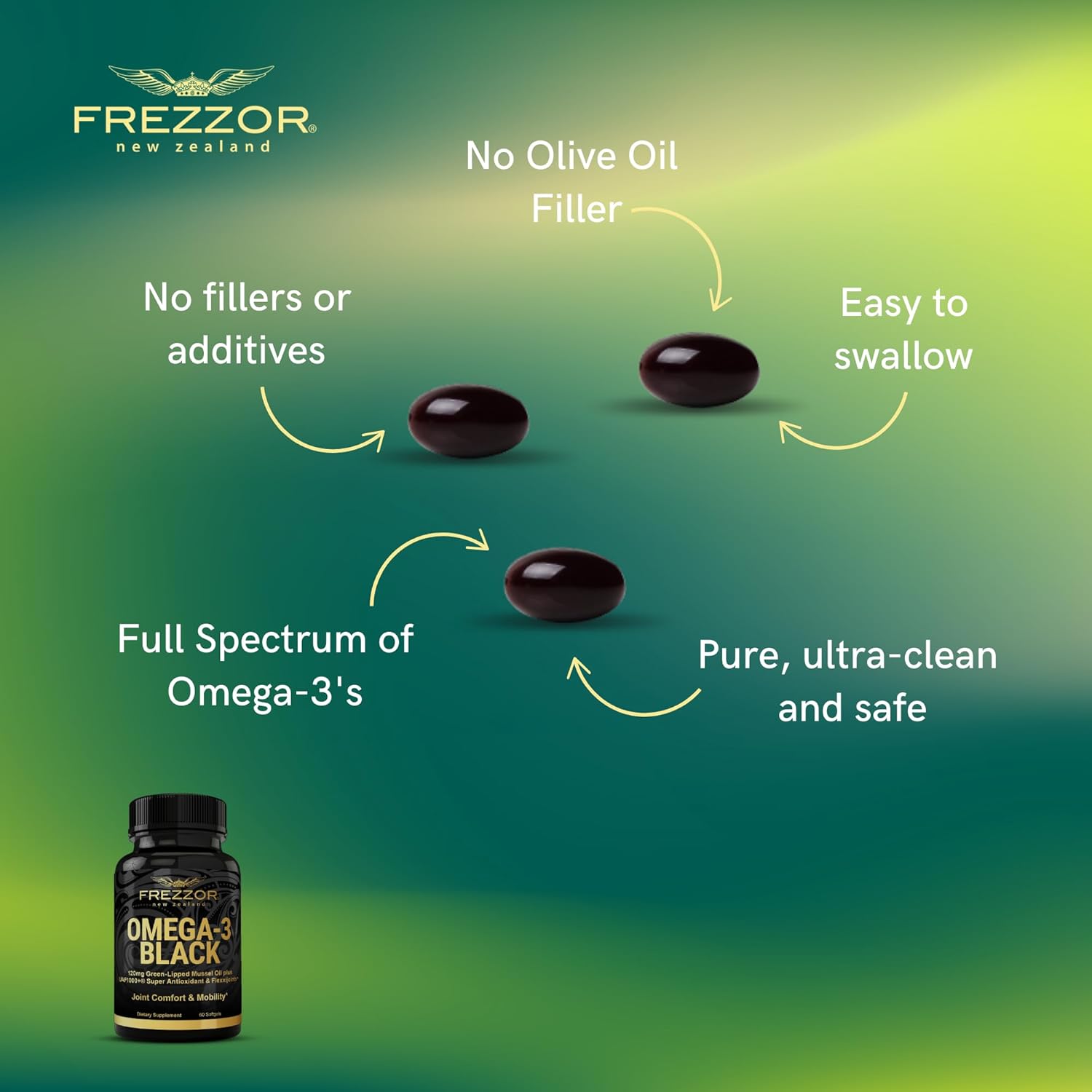New Zealand Made FREZZOR Omega 3 Black Softgels with UAF1000+ for Joint, Heart, and Immune Support - 60 Softgels, 450mg