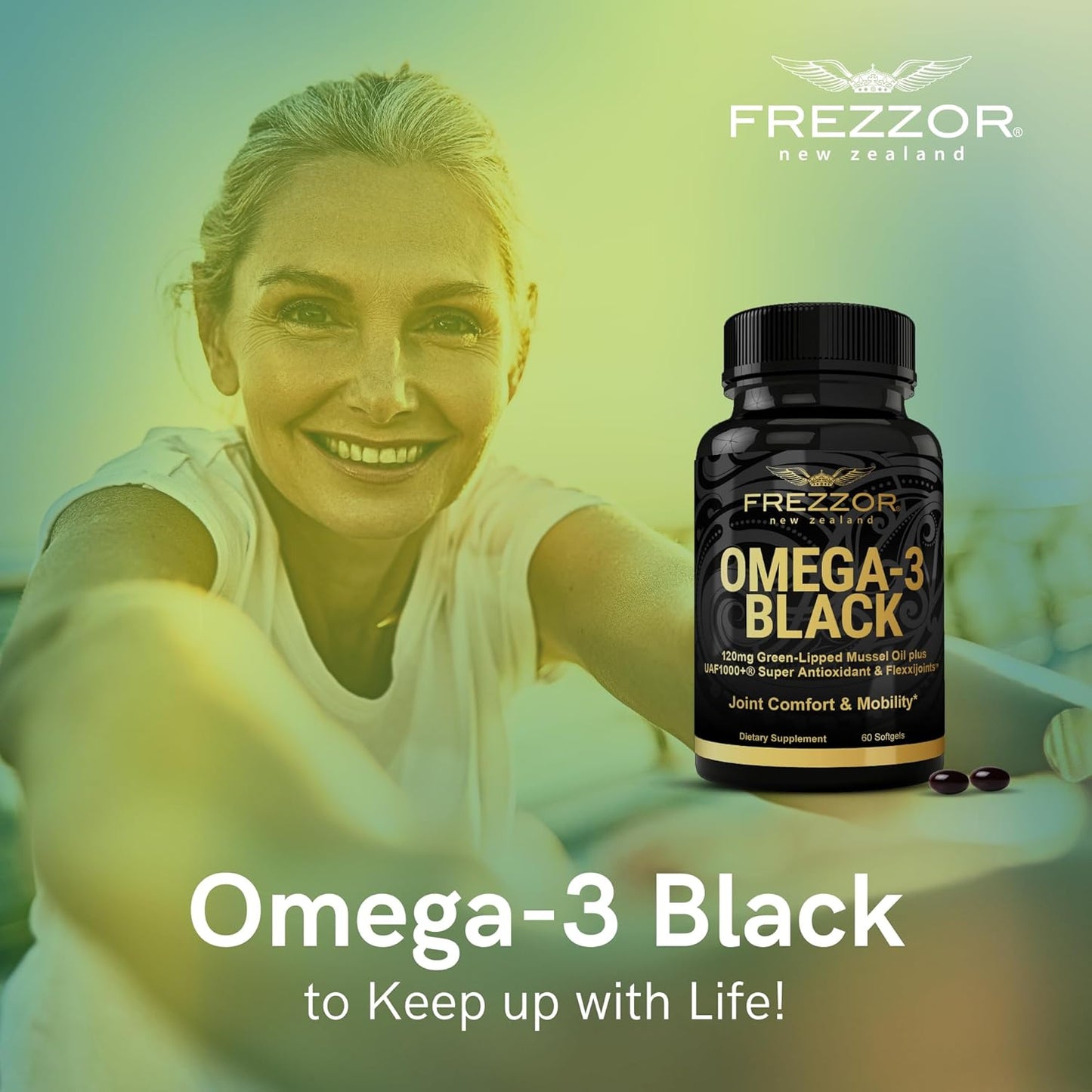 New Zealand Made FREZZOR Omega 3 Black Softgels with UAF1000+ for Joint, Heart, and Immune Support - 60 Softgels, 450mg