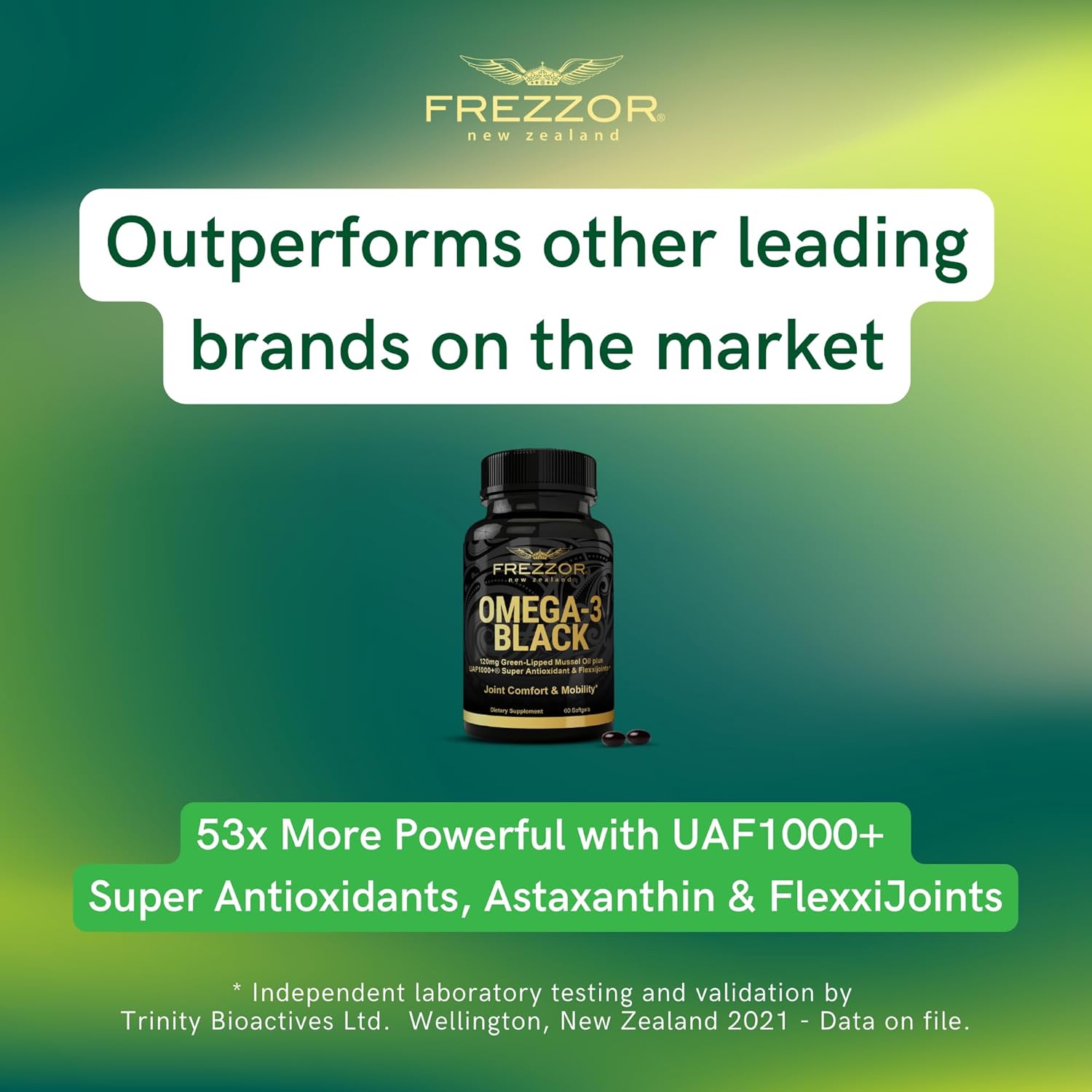 New Zealand Made FREZZOR Omega 3 Black Softgels with UAF1000+ for Joint, Heart, and Immune Support - 60 Softgels, 450mg