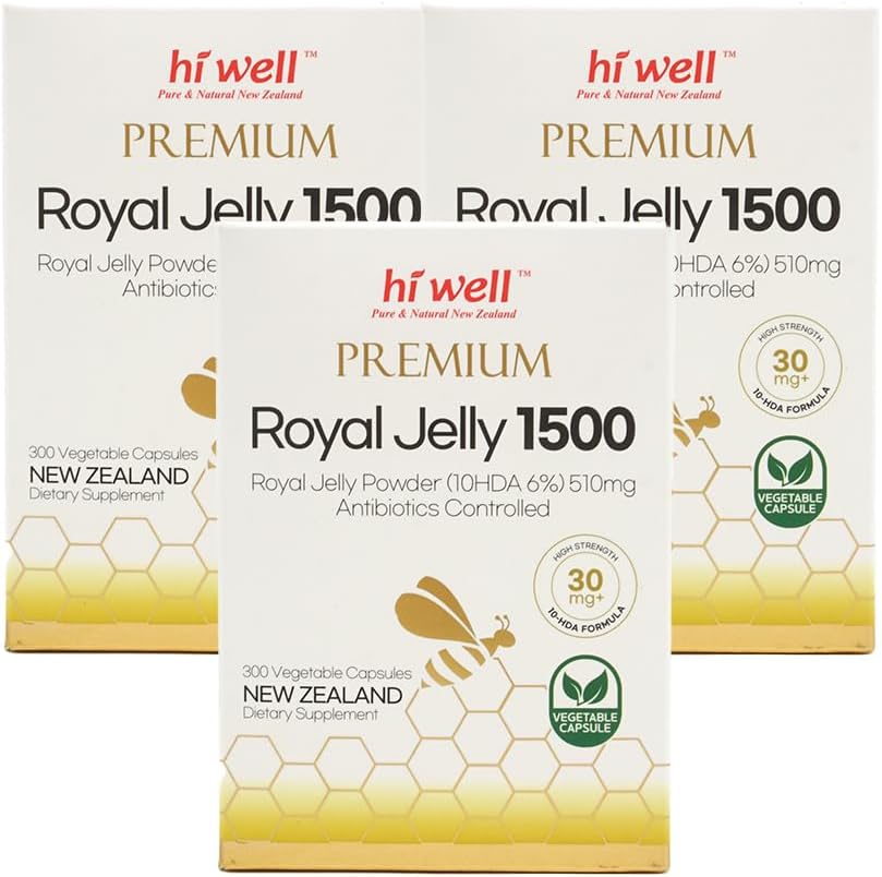 New Zealand Natural Royal Jelly Capsules - Pack of 3 by Hi Well Premium, 1500mg - 300VegeCaps