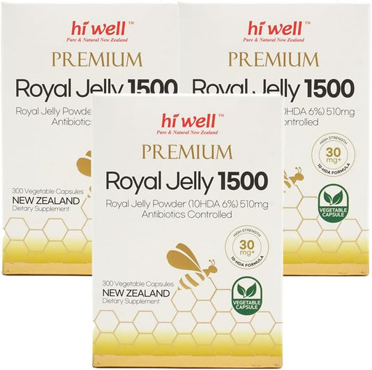 New Zealand Natural Royal Jelly Capsules - Pack of 3 by Hi Well Premium, 1500mg - 300VegeCaps