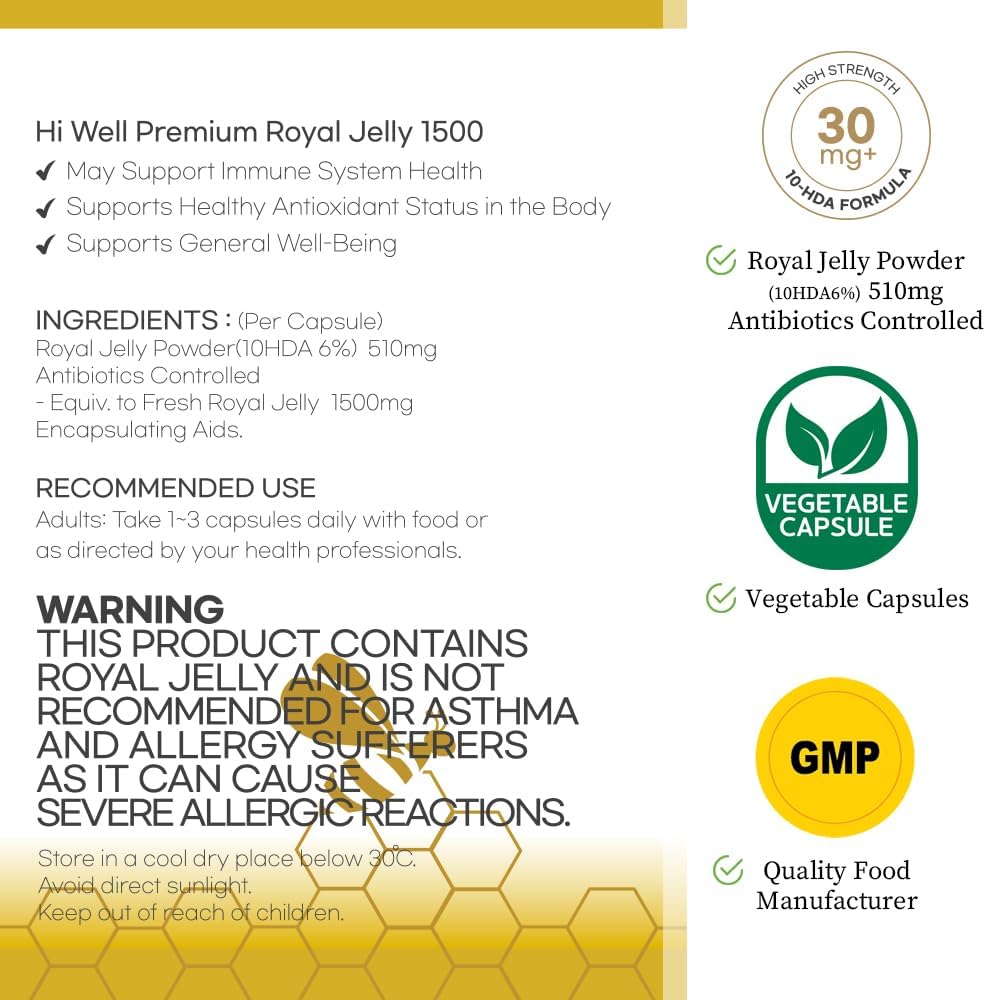 New Zealand Natural Royal Jelly Capsules - Pack of 3 by Hi Well Premium, 1500mg - 300VegeCaps