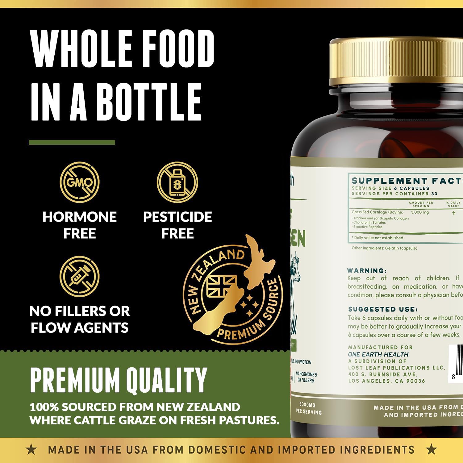 New Zealand Sourced Grass Fed Beef Collagen Supplement - 200 Count, 3,000mg per Serving