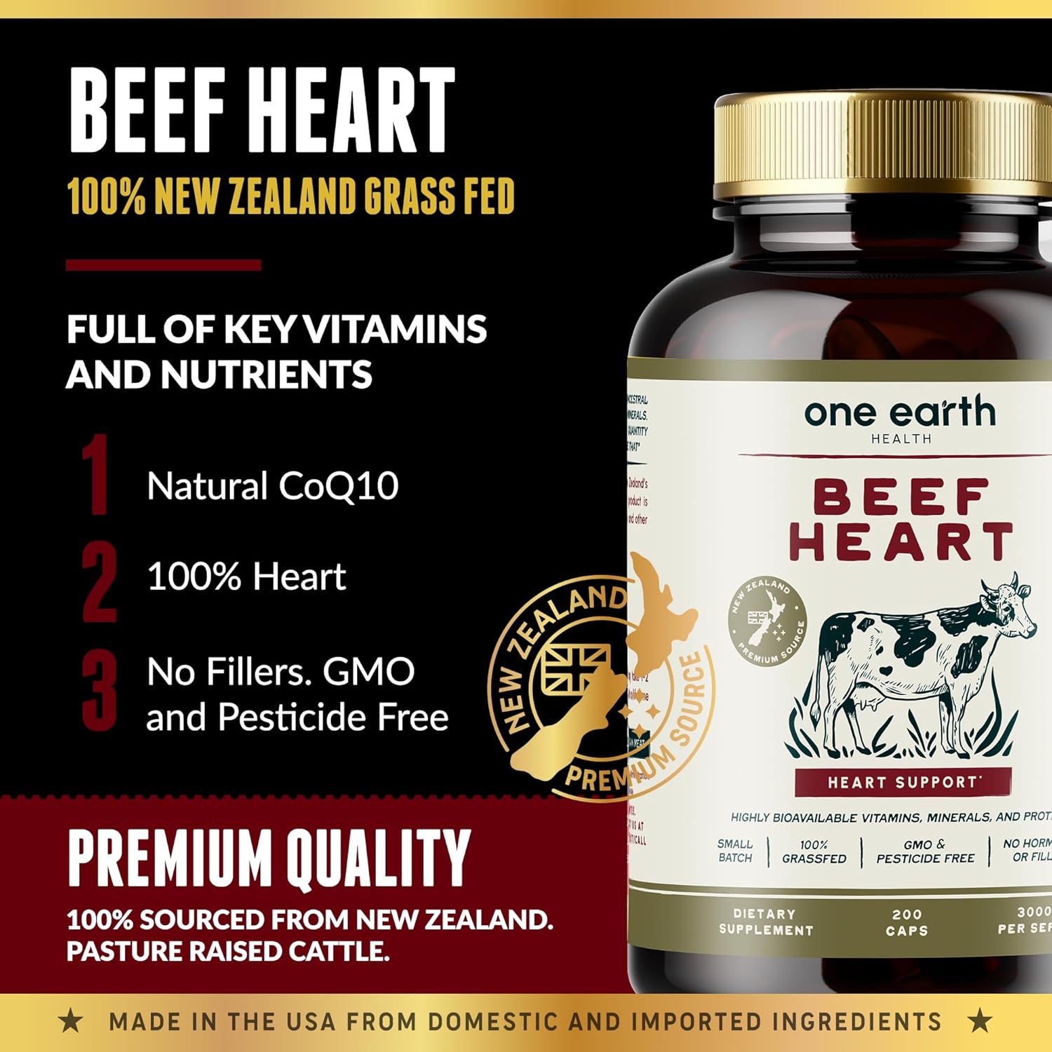New Zealand Sourced Grass Fed Beef Heart Capsules - 3,000mg per Serving, 200 Count