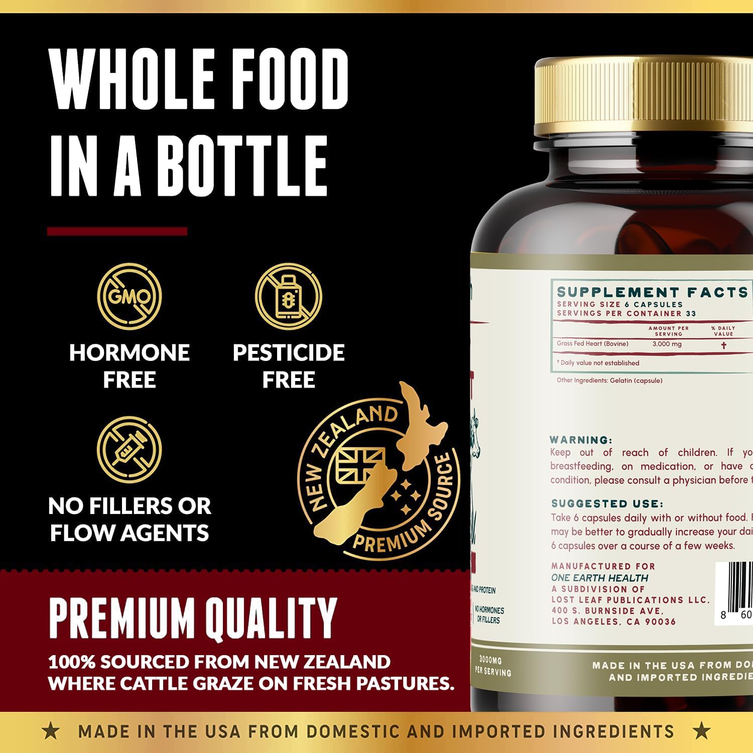 New Zealand Sourced Grass Fed Beef Heart Capsules - 3,000mg per Serving, 200 Count