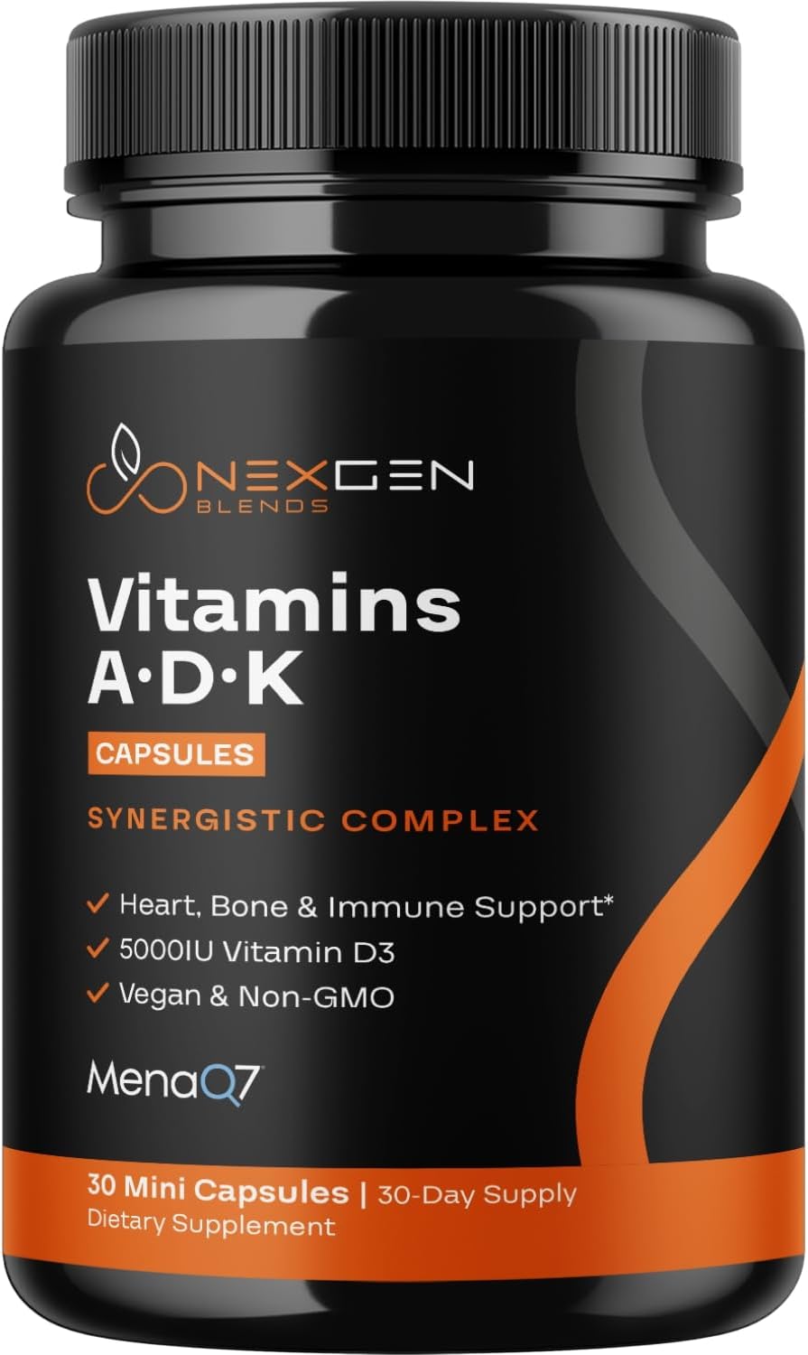 NEXGEN BLENDS High Absorption Vitamin ADK Supplement - Vegan D3 K2 MK7 & A for Bone Health - 5000IU D3 Non GMO & Gluten Free - 1 Month Supply