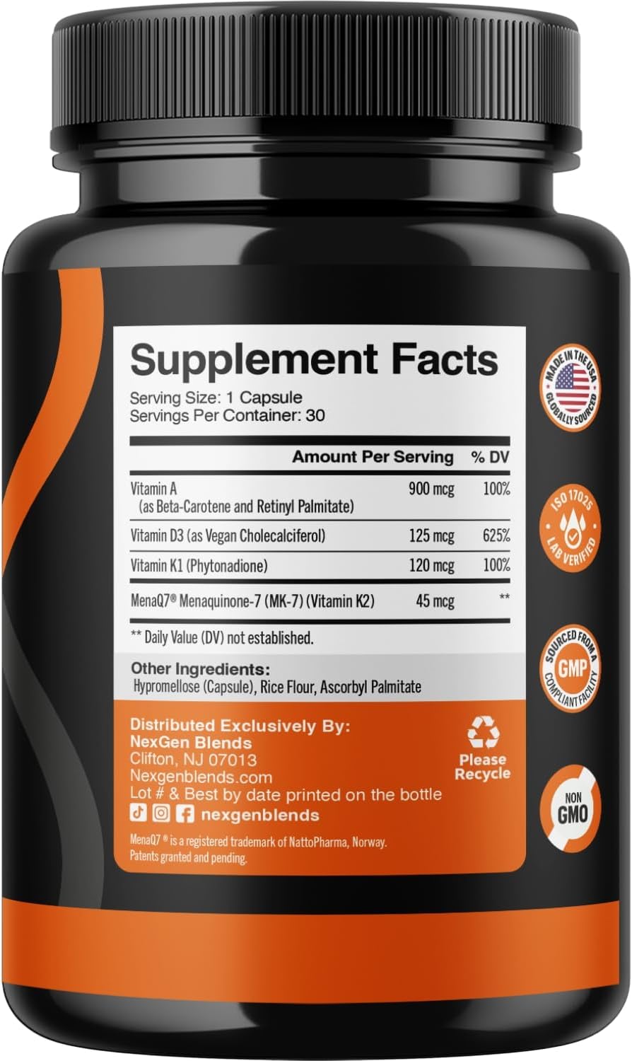 NEXGEN BLENDS High Absorption Vitamin ADK Supplement - Vegan D3 K2 MK7 & A for Bone Health - 5000IU D3 Non GMO & Gluten Free - 1 Month Supply