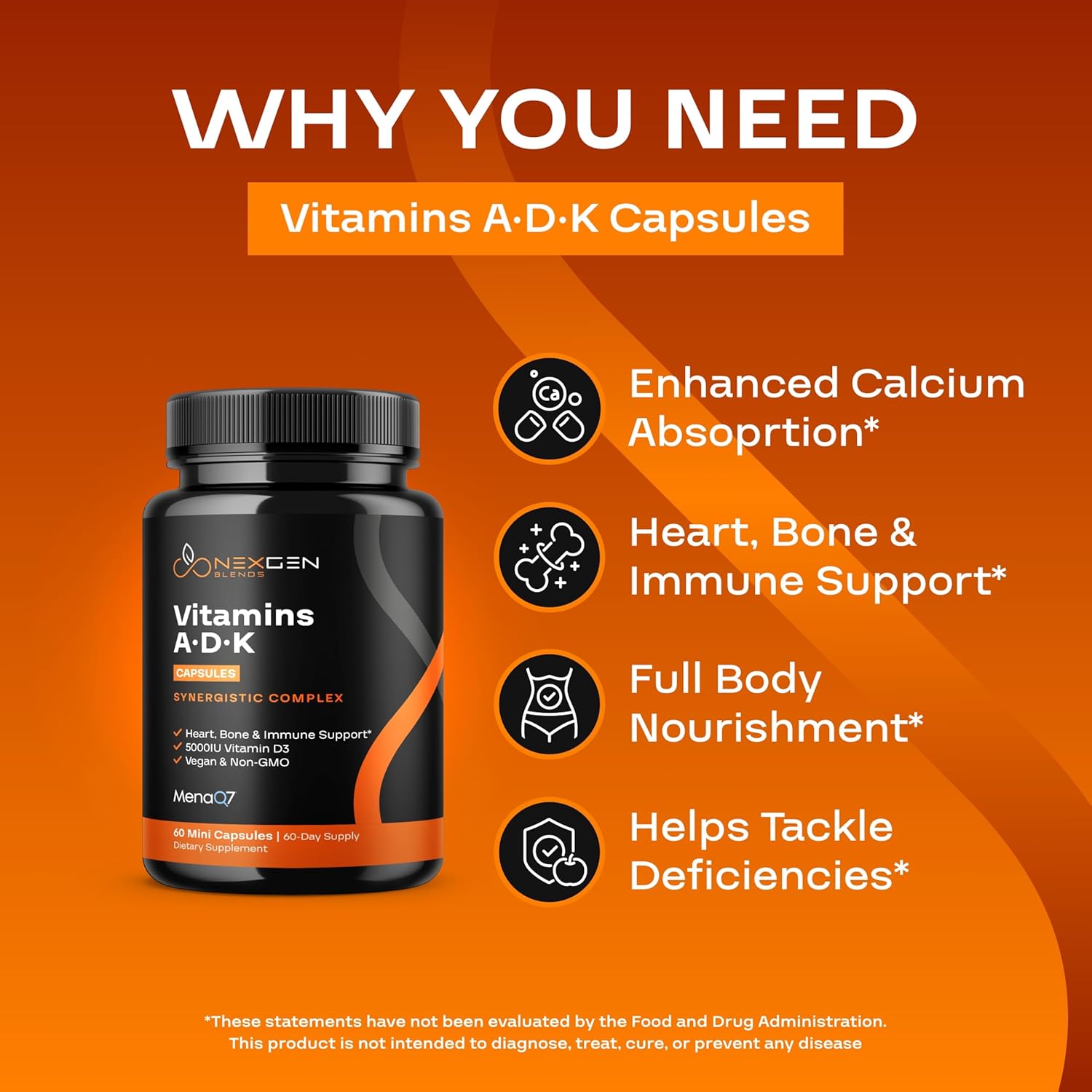 NEXGEN BLENDS High Absorption Vitamin ADK Supplement - Vegan D3 K2 MK7 & A for Bone Health - 5000IU D3 Non GMO & Gluten Free - 1 Month Supply