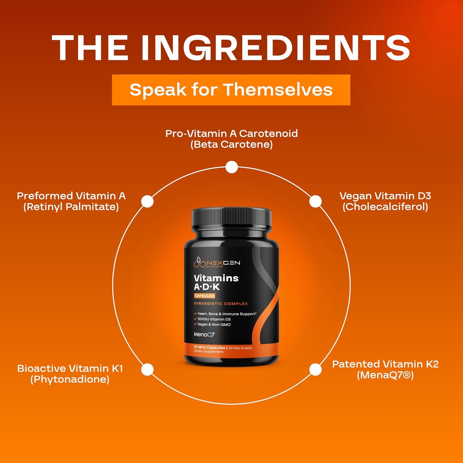 NEXGEN BLENDS High Absorption Vitamin ADK Supplement - Vegan D3 K2 MK7 & A for Bone Health - 5000IU D3 Non GMO & Gluten Free - 1 Month Supply