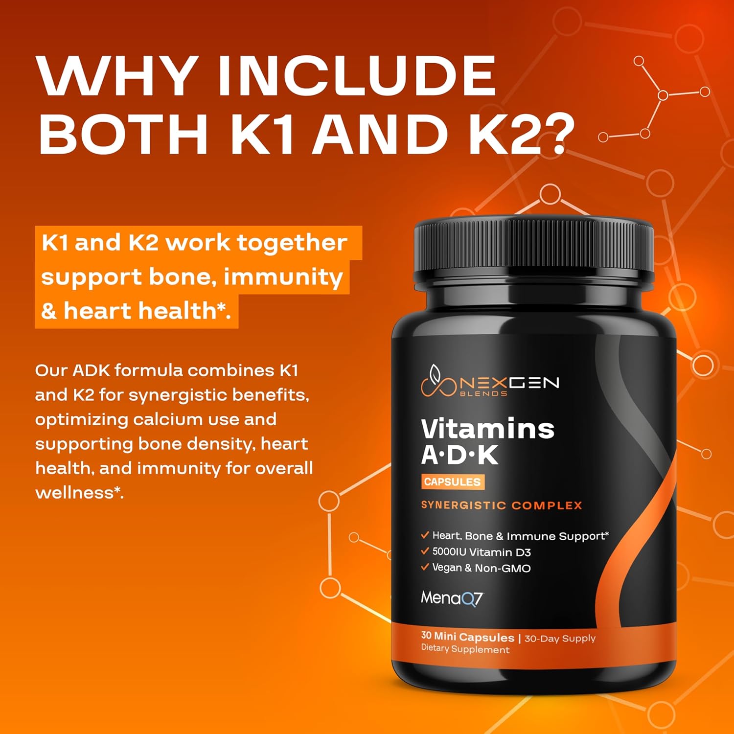 NEXGEN BLENDS High Absorption Vitamin ADK Supplement - Vegan D3 K2 MK7 & A for Bone Health - 5000IU D3 Non GMO & Gluten Free - 1 Month Supply
