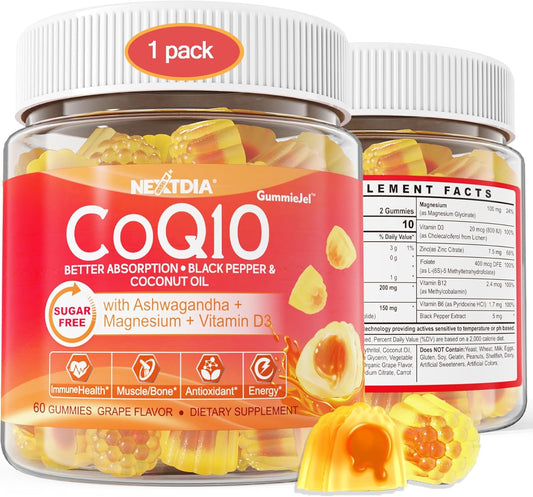 Nextdia CoQ10 Gummies with Ashwagandha, Magnesium, B6, D3, B12 & B9 - Sugar Free Adult Vitamins for Heart, Muscle, Bone, Energy - 1 Pack - BoostGo Australia
