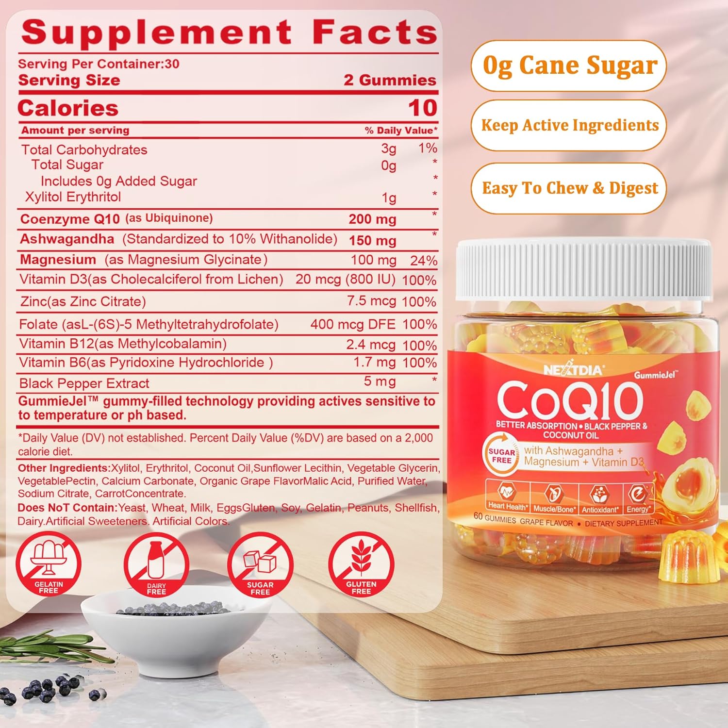 Nextdia CoQ10 Gummies with Ashwagandha, Magnesium, B6, D3, B12 & B9 - Sugar Free Adult Vitamins for Heart, Muscle, Bone, Energy - 1 Pack - BoostGo Australia