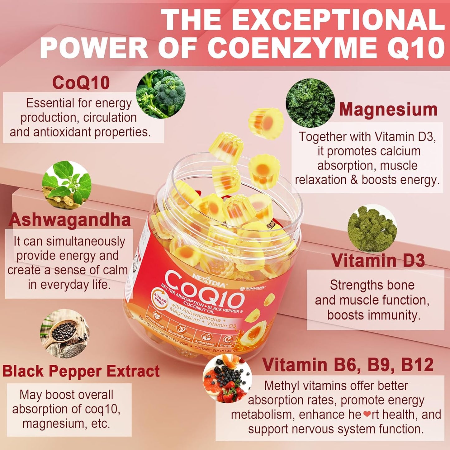 Nextdia CoQ10 Gummies with Ashwagandha, Magnesium, B6, D3, B12 & B9 - Sugar Free Adult Vitamins for Heart, Muscle, Bone, Energy - 1 Pack - BoostGo Australia