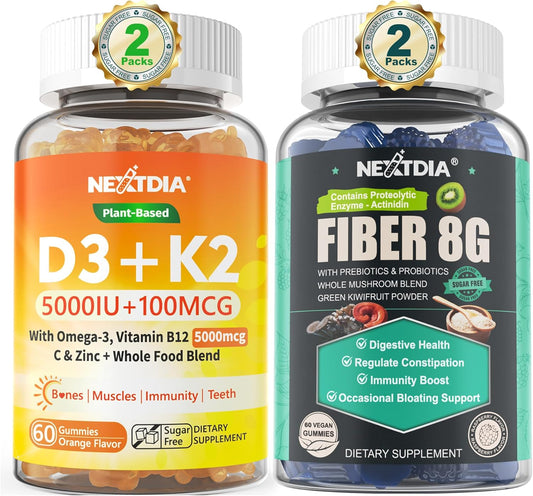 Nextdia Digestive Health Prebiotic & Probiotic Mushroom Fiber Gummies with Organic Plant D3K2 for Adults - High Absorption Formula