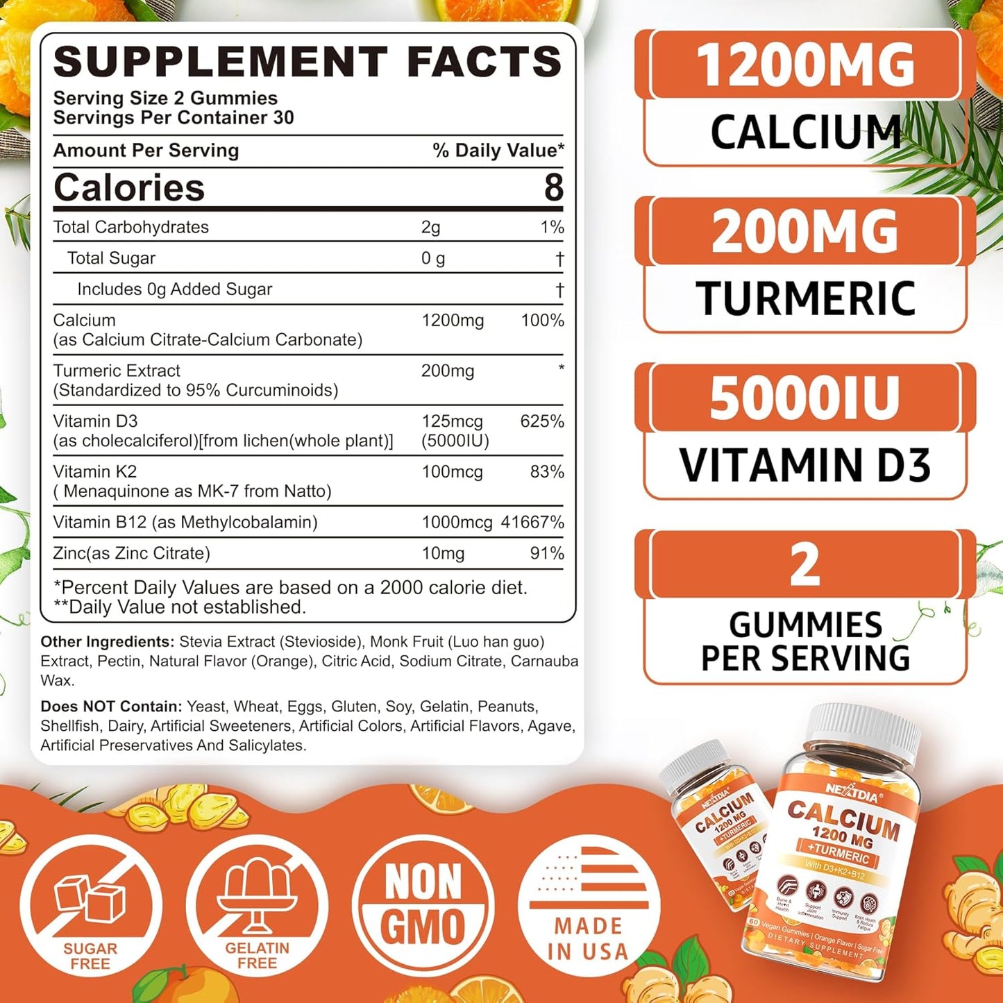 Nextdia Turmeric Calcium Gummies with Vitamin D3, K2, B12, and Zinc - Sugar-Free Vegan Supplement for Bone, Muscle, and Immune Health (120 Count)