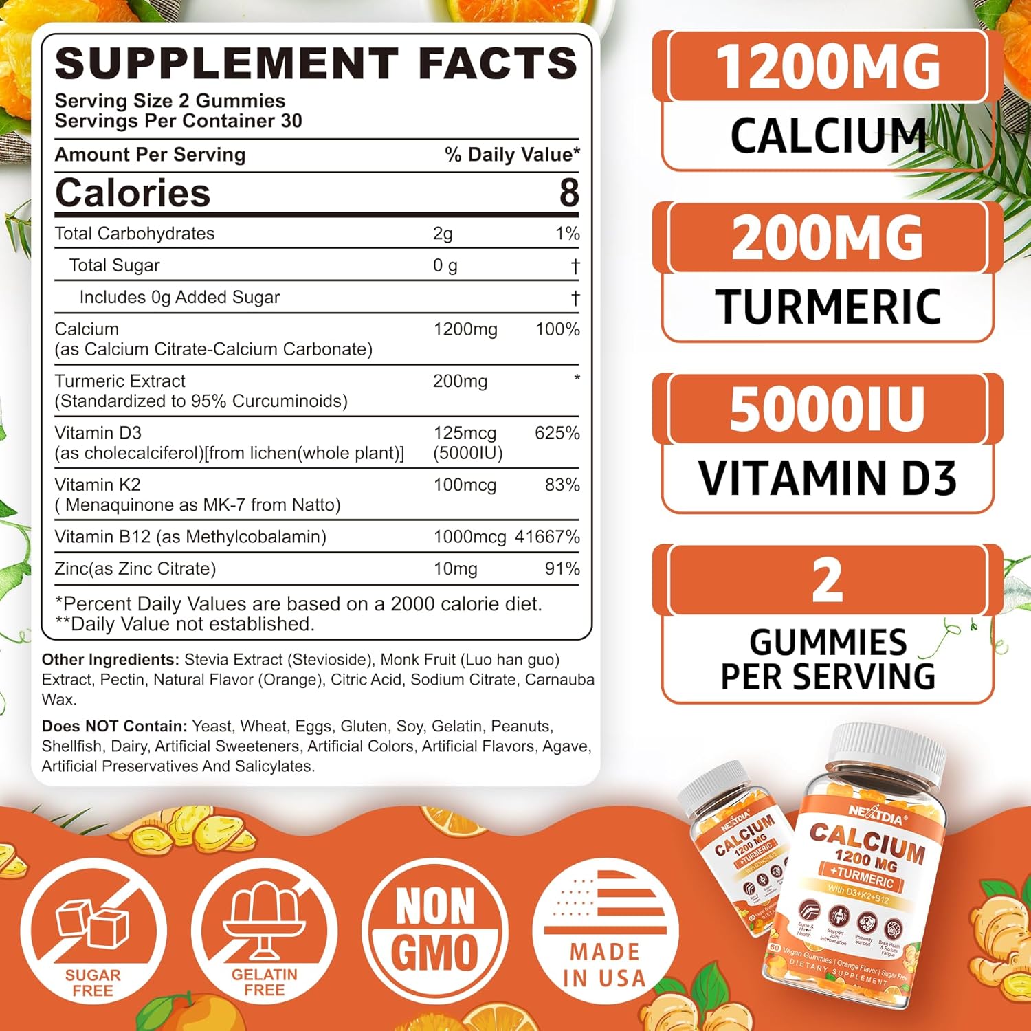 Nextdia Turmeric Calcium Gummies with Vitamin D3, K2, B12, and Zinc - Sugar-Free Vegan Supplement for Bone, Muscle, and Immune Health (120 Count)