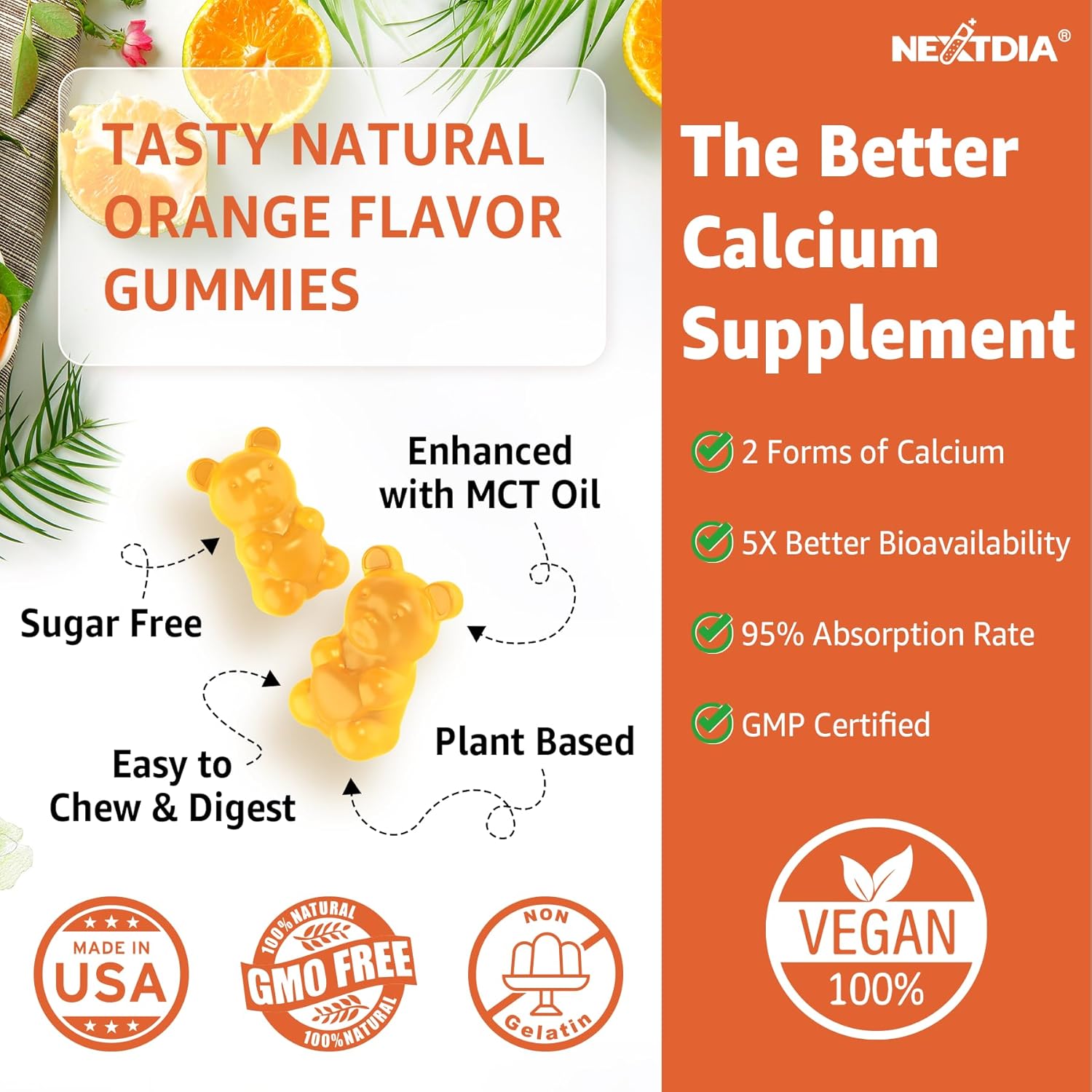 Nextdia Turmeric Calcium Gummies with Vitamin D3, K2, B12, and Zinc - Sugar-Free Vegan Supplement for Bone, Muscle, and Immune Health (120 Count)