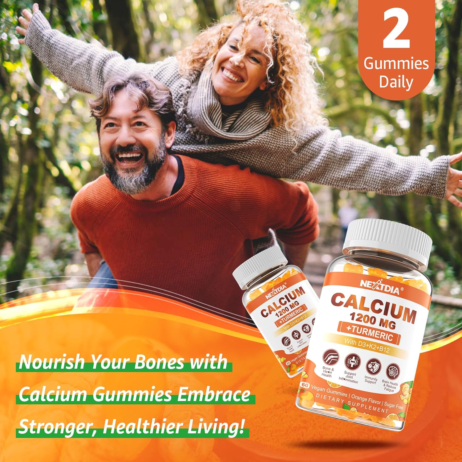 Nextdia Turmeric Calcium Gummies with Vitamin D3, K2, B12, and Zinc - Sugar-Free Vegan Supplement for Bone, Muscle, and Immune Health (120 Count)