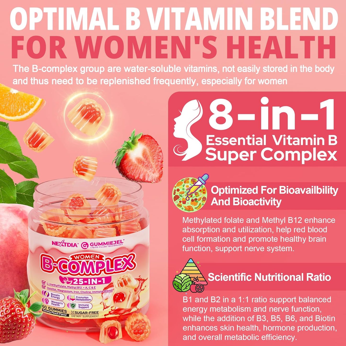 Nextdia Women's Sugar-Free Vitamin B Complex Gummies with Methyl B12, Iron, Vitamin C, and Organic Fruit Blend - 60 Count