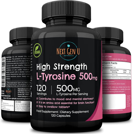 NGU Next Gen U L-Tyrosine 500mg - 120 Vegan Capsules - Mood Support Dietary Supplement for Healthy Brain Function in Adults