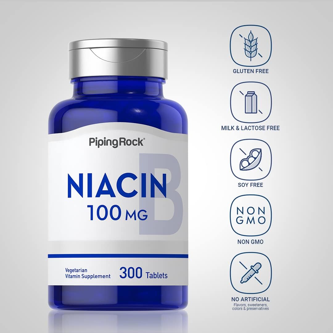 Niacin 100mg Tablets with Flushing - 300 Count, Vegetarian, Non-GMO, Gluten Free by Piping Rock