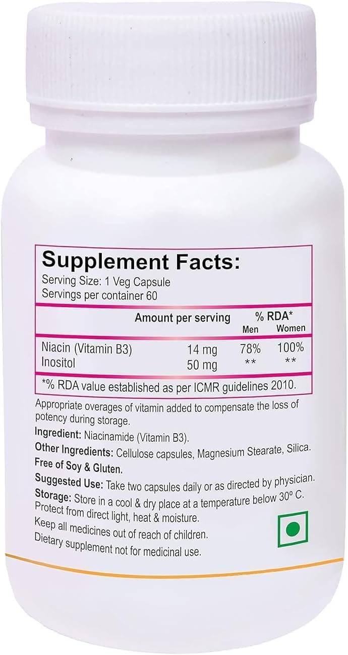 Niacin 14mg Vitamin B3 with Inositol 50mg Supplement - 60 Veg Capsules for Overall Health and Wellness