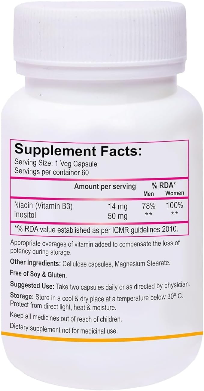 Niacin 14mg Vitamin B3 with Inositol 50mg Supplement - 60 Veg Capsules for Overall Health and Wellness