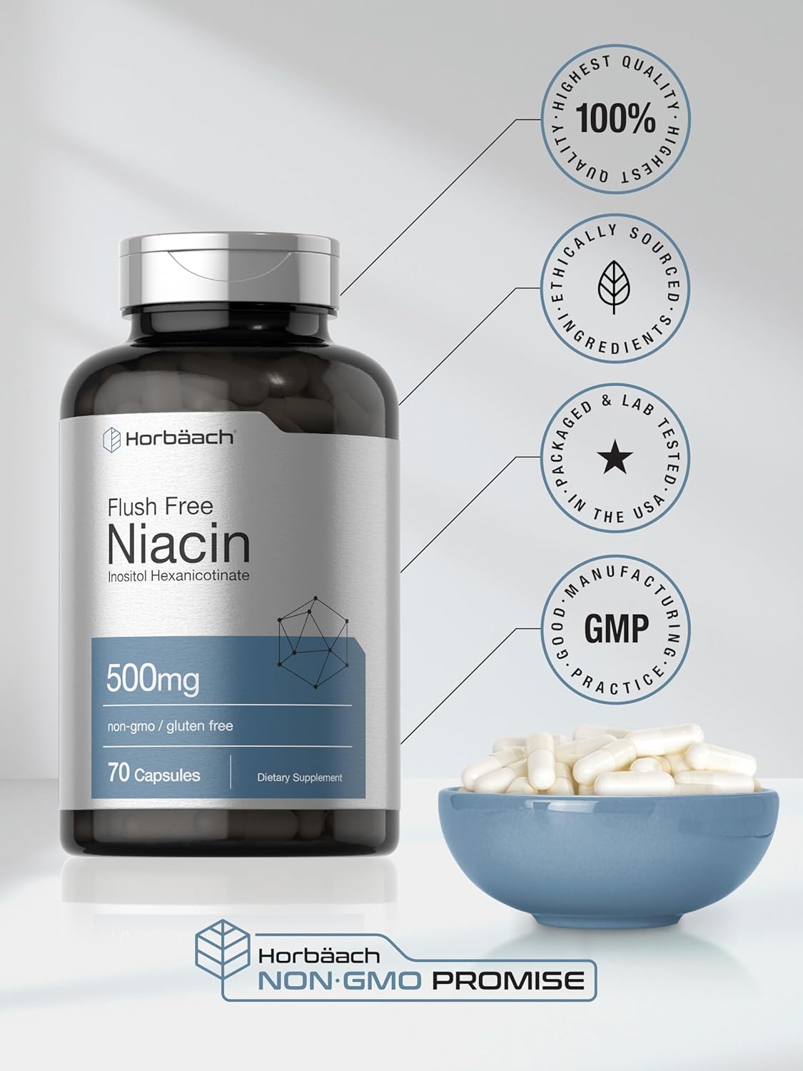 Niacin 500mg Capsules | 70 Count | Flush Free Supplement | Inositol Hexanicotinate | Non-GMO & Gluten Free
