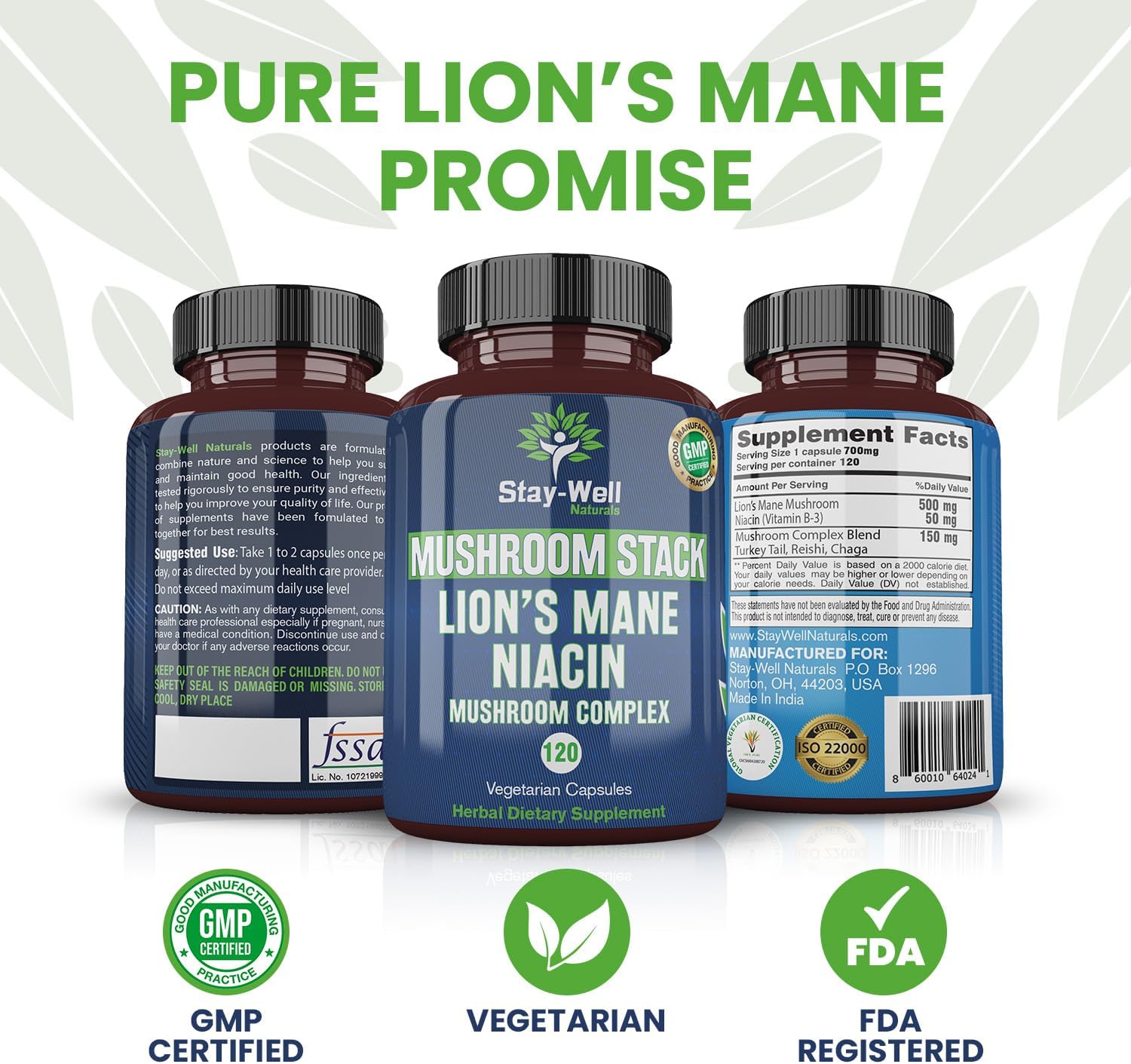 Niacin Lion Mane Mushroom Supplement Capsules with Turkey Tail, Chaga, and Reishi Extracts - Stay-Well Naturals Mushroom Complex Capsules