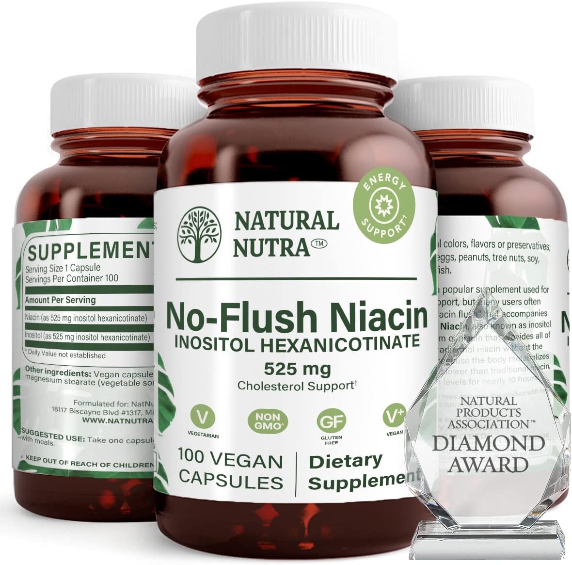 Niacin Vitamin B3 Supplement for Cardiovascular Health, Skin Texture, Brain Function, Energy Boost 525mg, 100 Capsules
