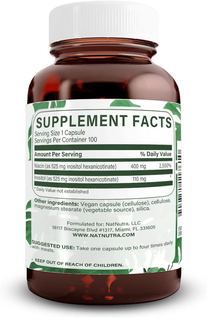 Niacin Vitamin B3 Supplement for Cardiovascular Health, Skin Texture, Brain Function, Energy Boost 525mg, 100 Capsules