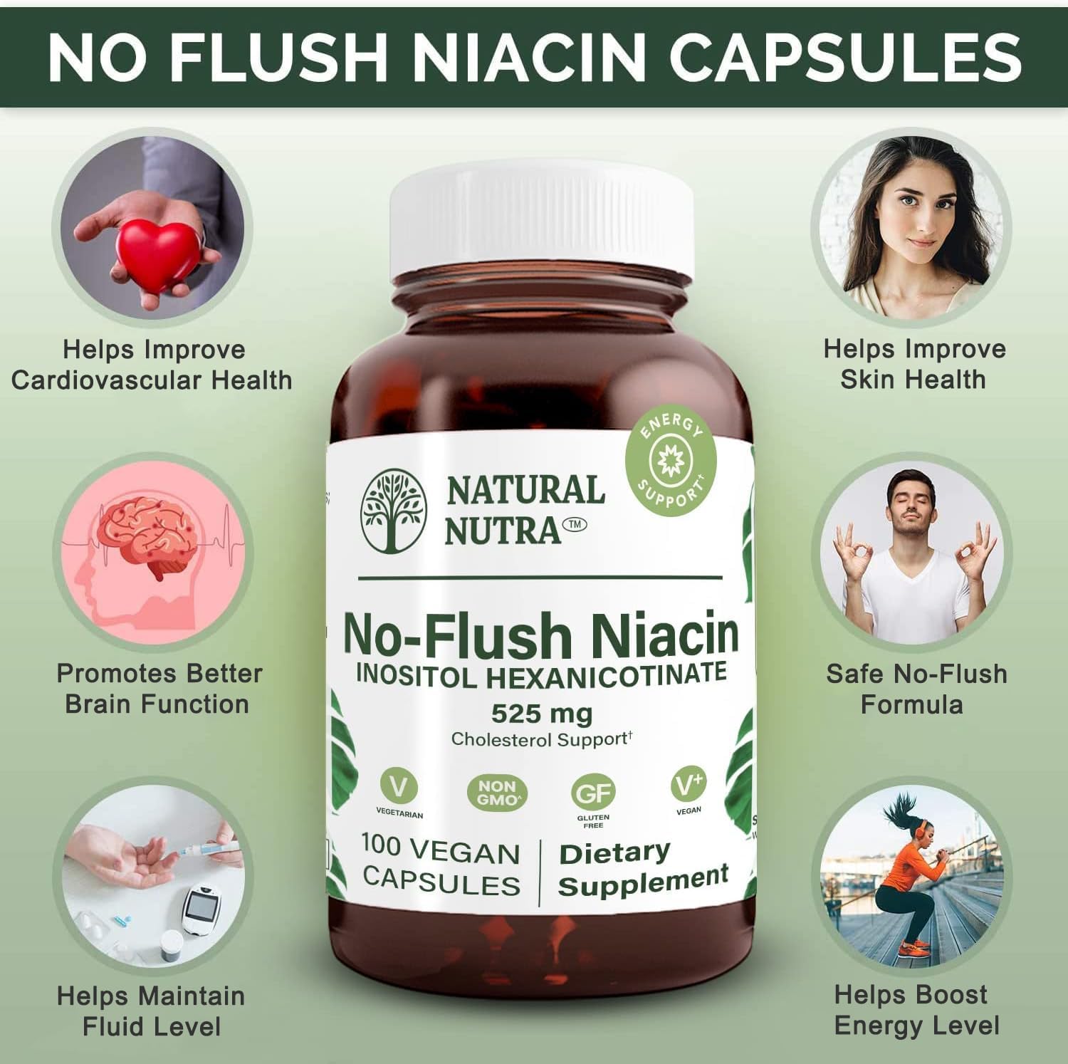 Niacin Vitamin B3 Supplement for Cardiovascular Health, Skin Texture, Brain Function, Energy Boost 525mg, 100 Capsules