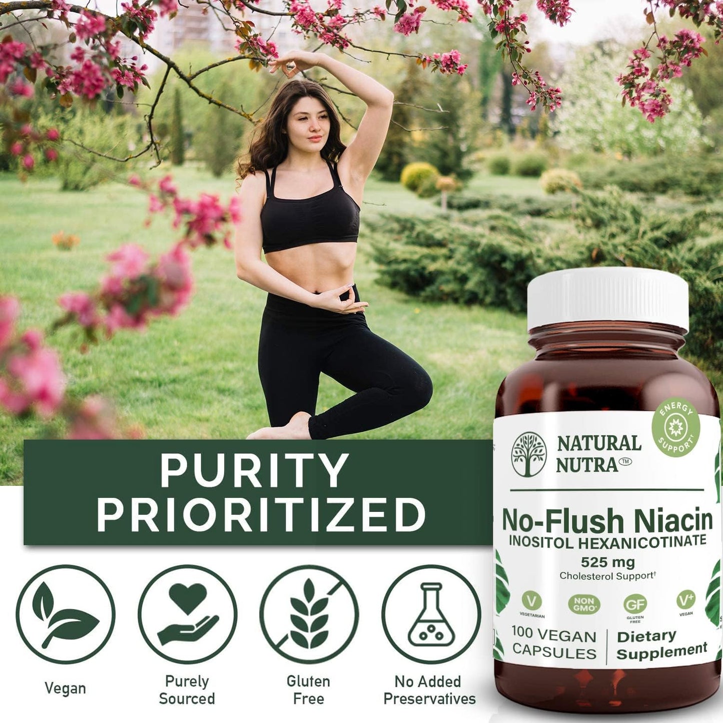 Niacin Vitamin B3 Supplement for Cardiovascular Health, Skin Texture, Brain Function, Energy Boost 525mg, 100 Capsules