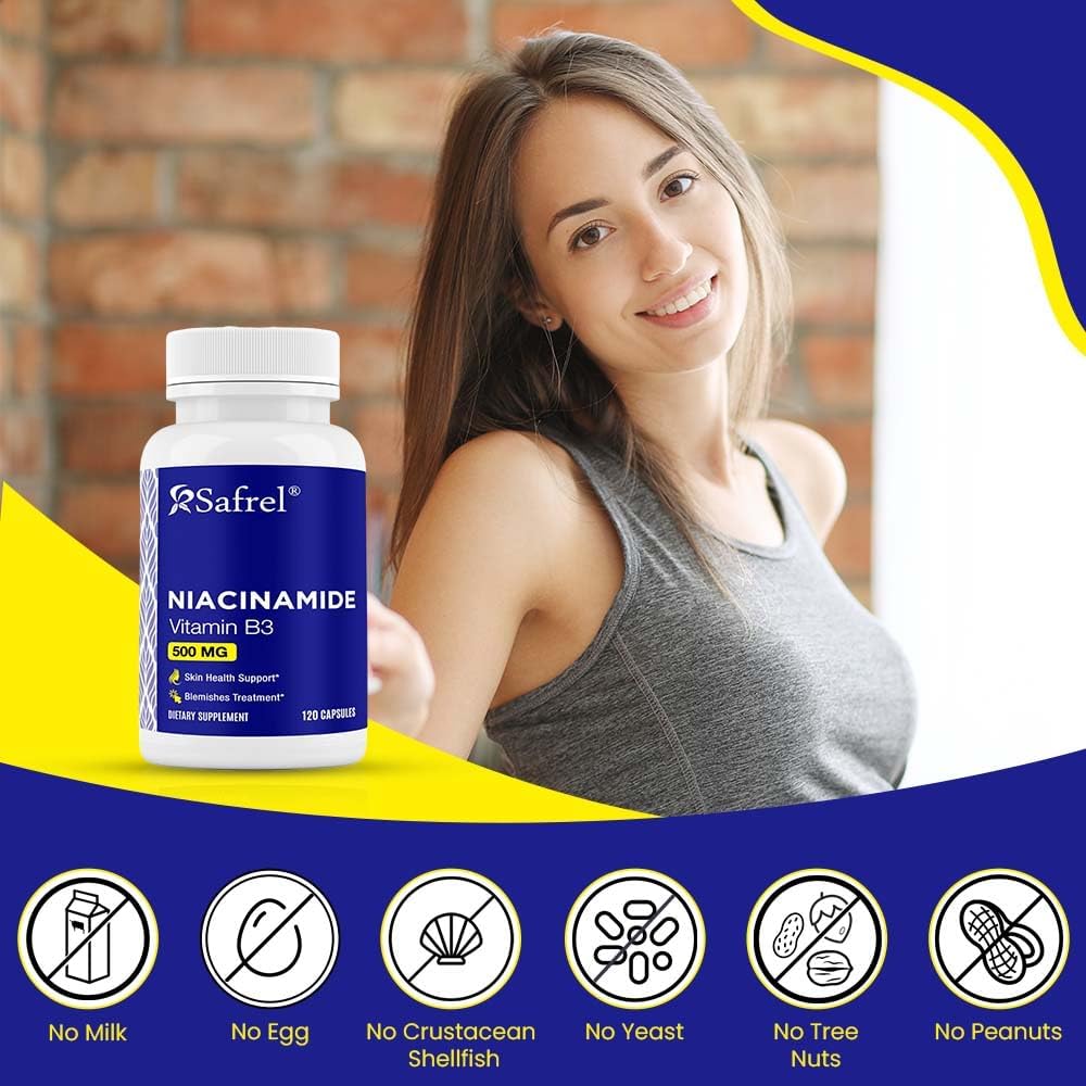 Niacinamide 500mg Capsules - Skin Health & Blemish Support - Non-GMO, Gluten-Free - Flush-Free Formula - 120 Count for Men and Women
