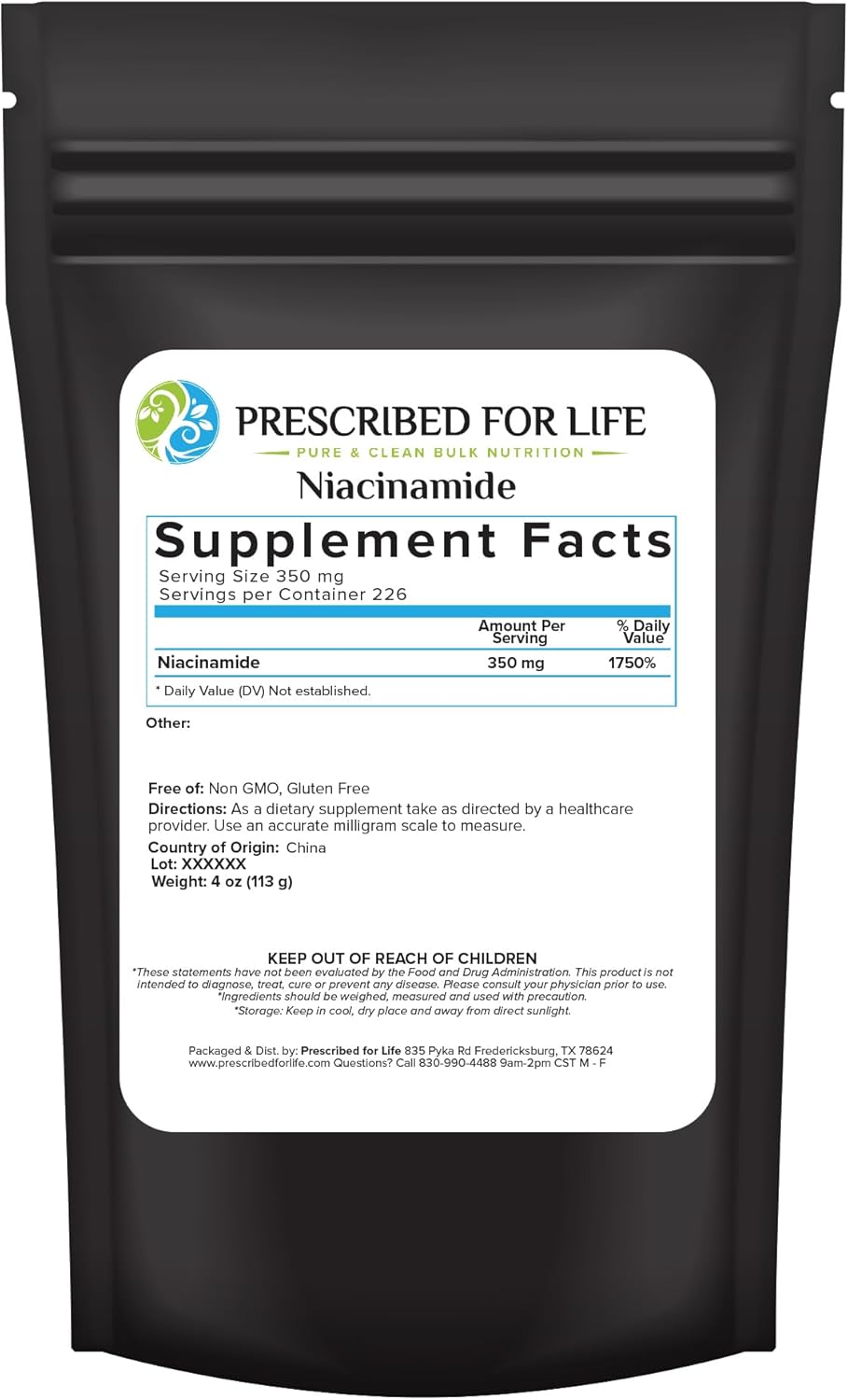 Niacinamide Powder B-C Fine Granular USP Grade Vitamin B3 Natural Nicotinamide Supplement Vegan Gluten Free Non GMO Niacinamida Pura 4oz