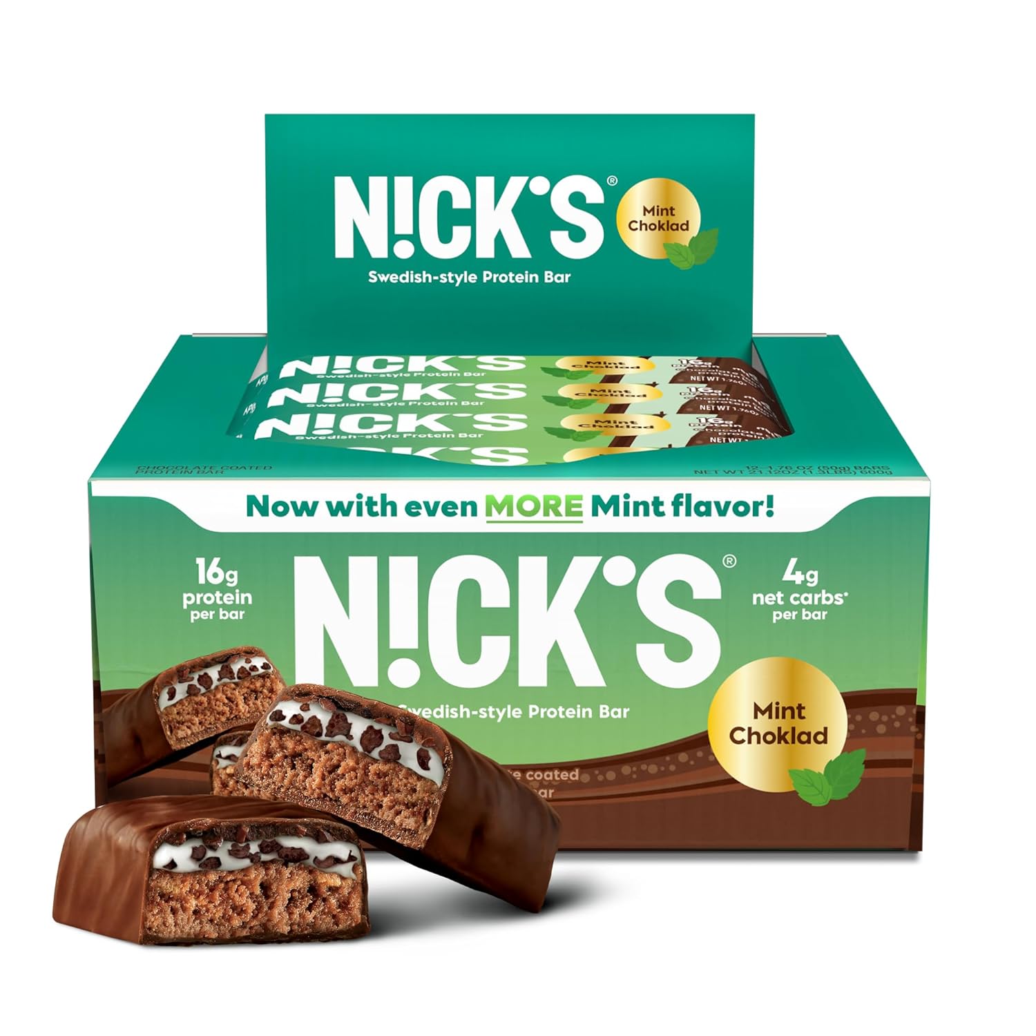 NICKS Mint Chocolate Protein Bars | 16g Protein | 210 Calories | Low Carb Keto Snacks | No Added Sugar | 12 Bars x 50g Pack