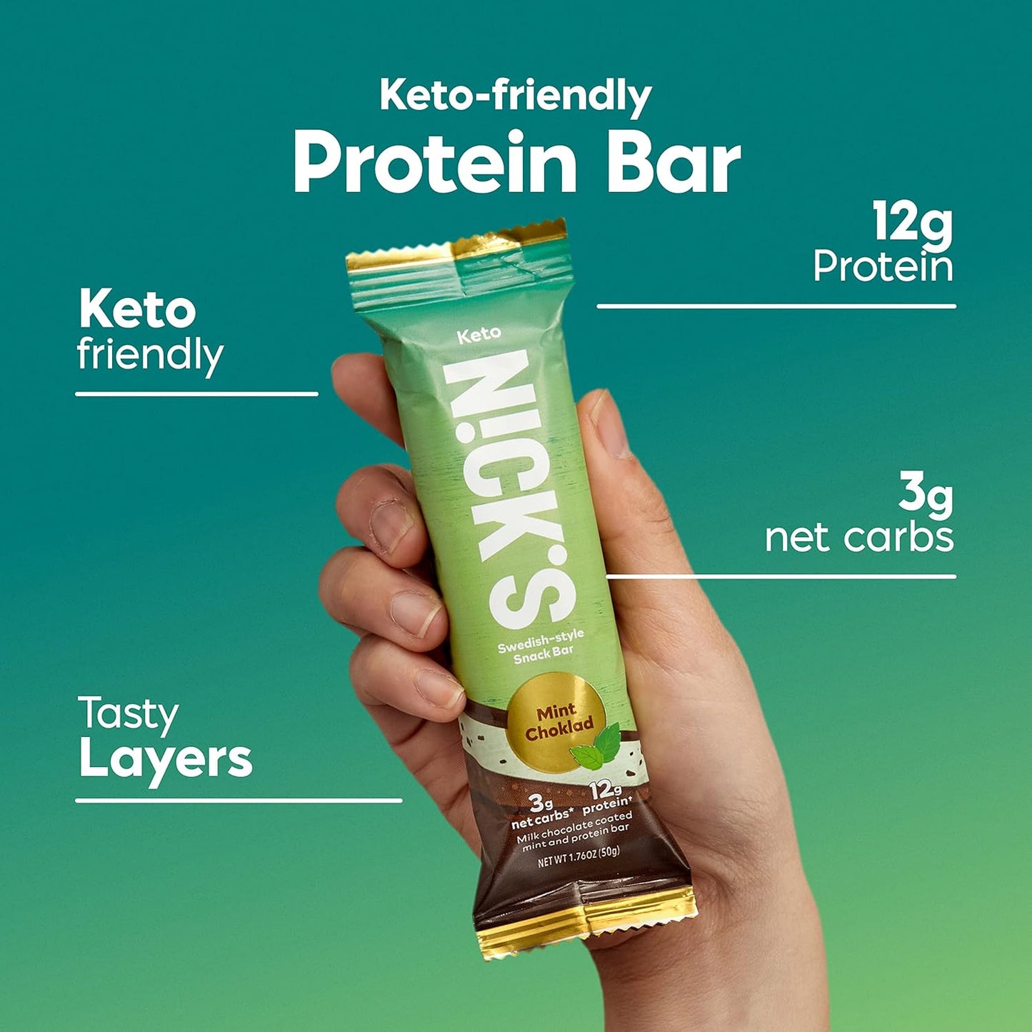 NICKS Mint Chocolate Protein Bars | 16g Protein | 210 Calories | Low Carb Keto Snacks | No Added Sugar | 12 Bars x 50g Pack