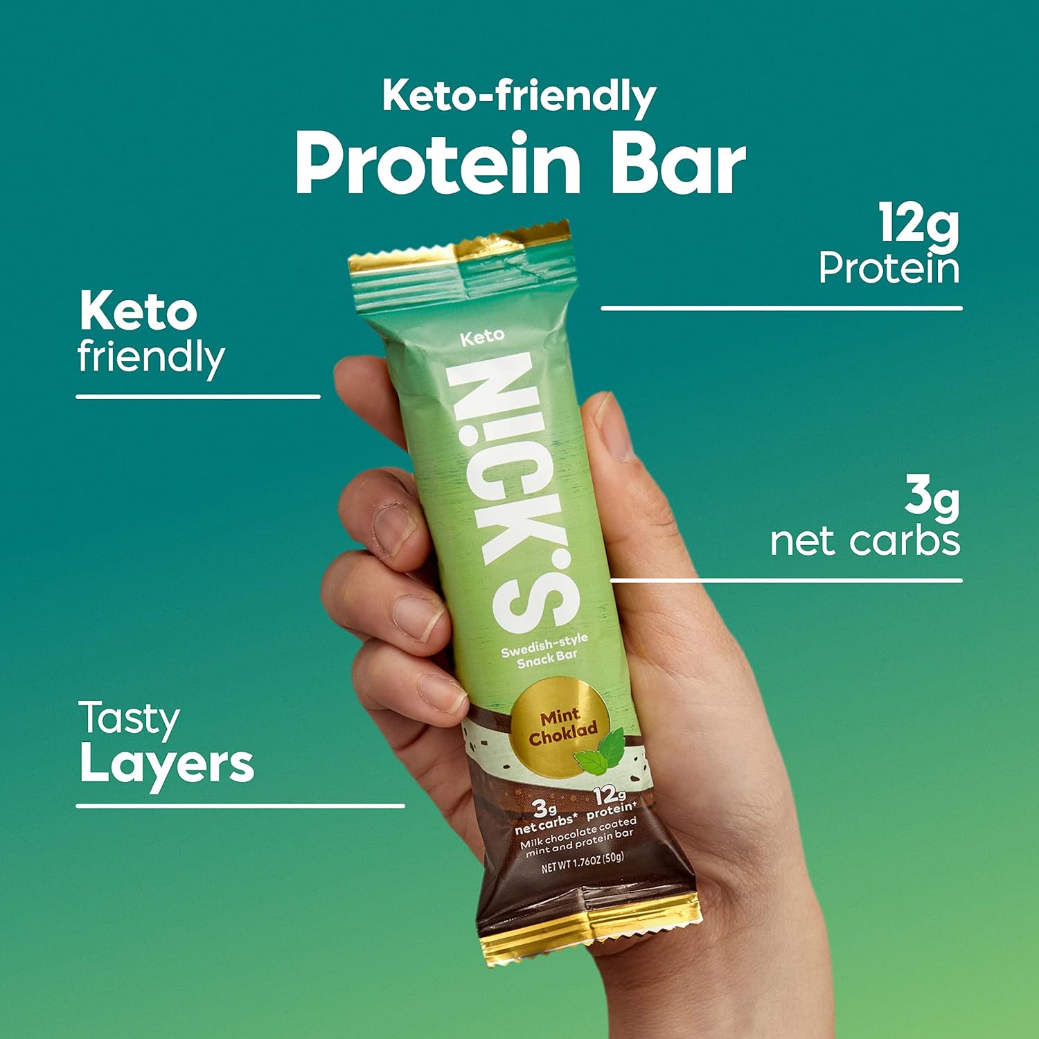 NICKS Mint Chocolate Protein Bars | 16g Protein | 210 Calories | Low Carb Keto Snacks | No Added Sugar | 12 Bars x 50g Pack