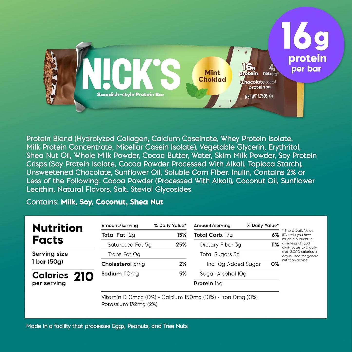 NICKS Mint Chocolate Protein Bars | 16g Protein | 210 Calories | Low Carb Keto Snacks | No Added Sugar | 12 Bars x 50g Pack