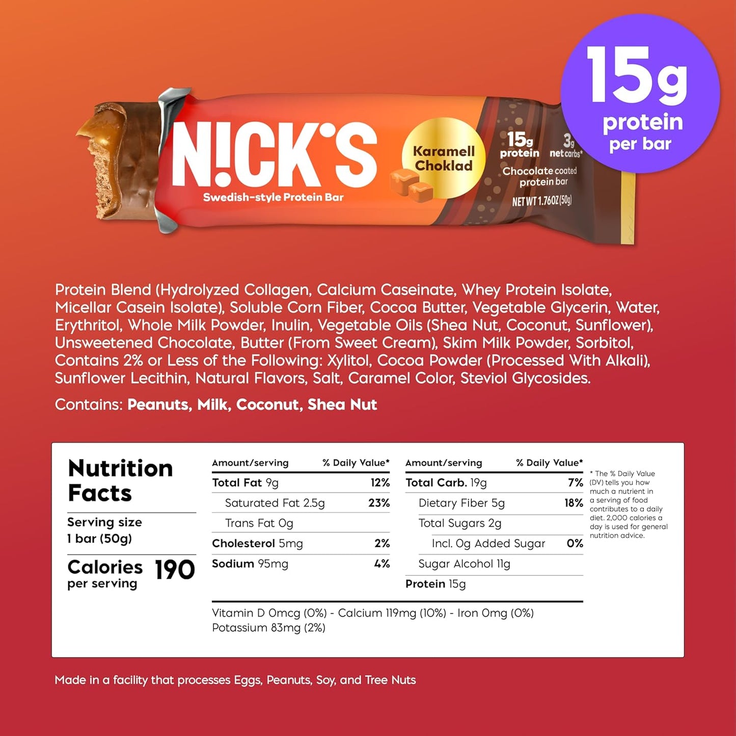Nick's Protein Bars Chocolate Caramel | High Protein Low Carb Snacks | Keto Friendly | No Added Sugar | 12 Bars x 50g