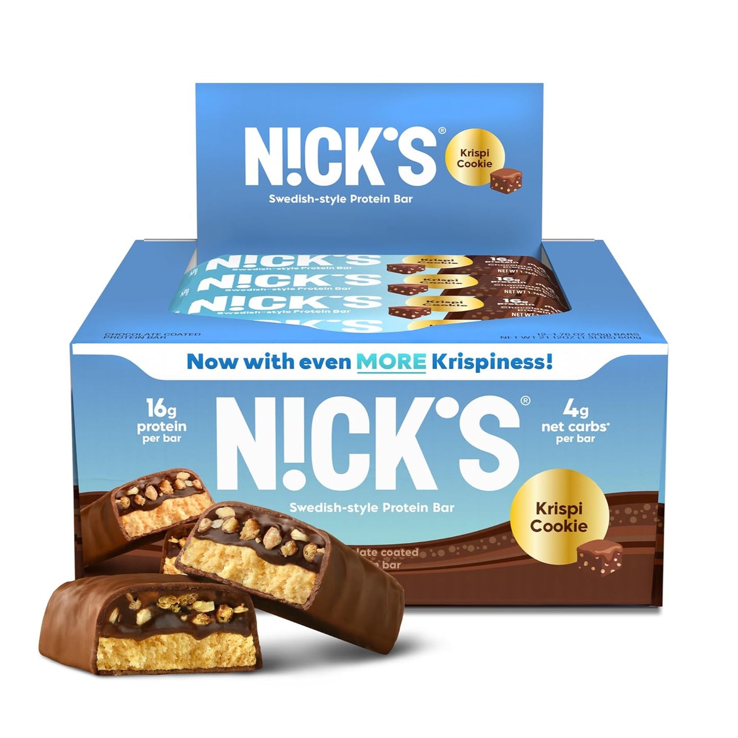 Nick's Protein Bars Crispy Nougat - 16g Protein, 210 Calories, Low Carb, Keto Friendly - No Added Sugar - Multipack of 12 Bars x 50g