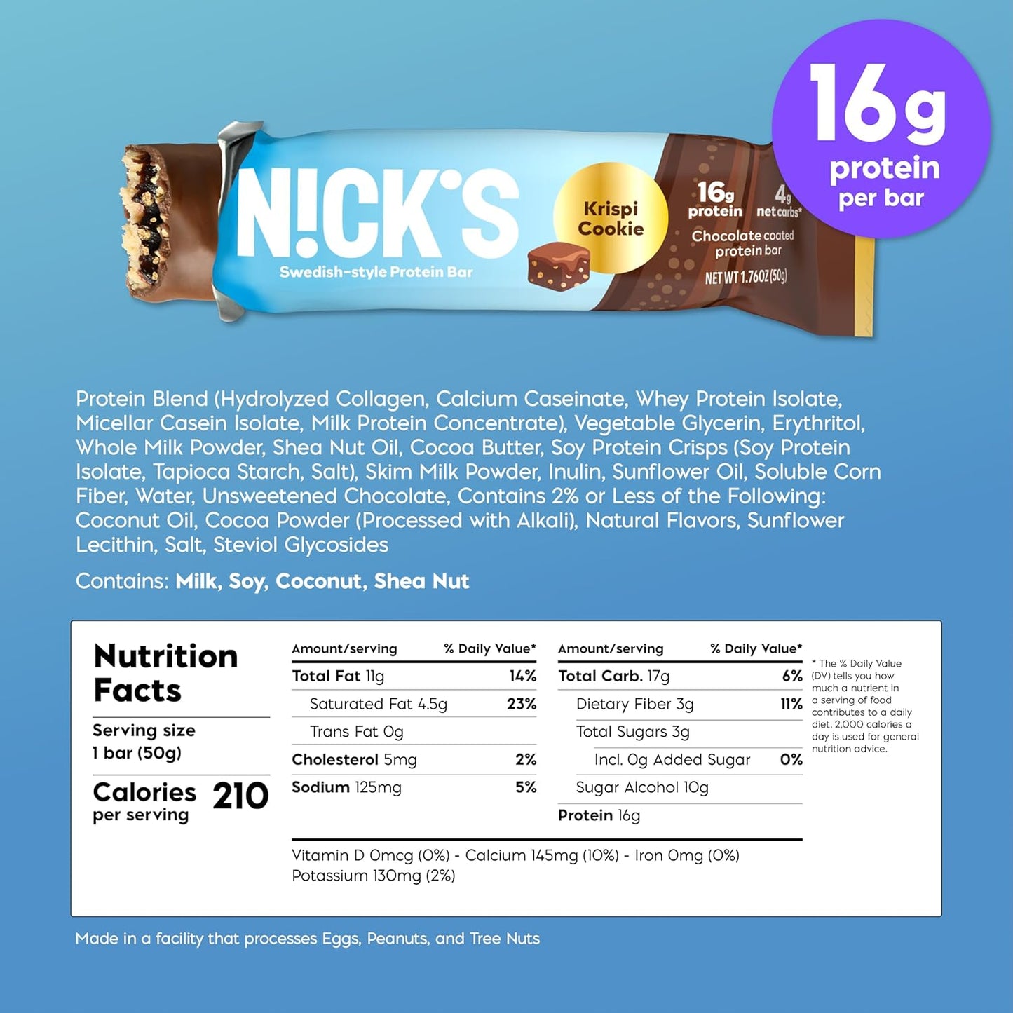 Nick's Protein Bars Crispy Nougat - 16g Protein, 210 Calories, Low Carb, Keto Friendly - No Added Sugar - Multipack of 12 Bars x 50g